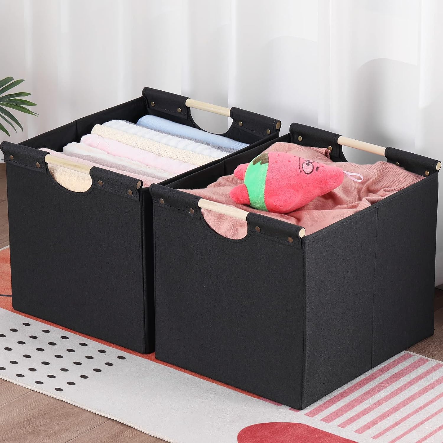 HOONEX Large Collapsible Storage Bins, Linen Fabric, 2 Pack, Storage Baskets with Wooden Carry Handles and Sturdy Heavy Cardboard, for Home, Office