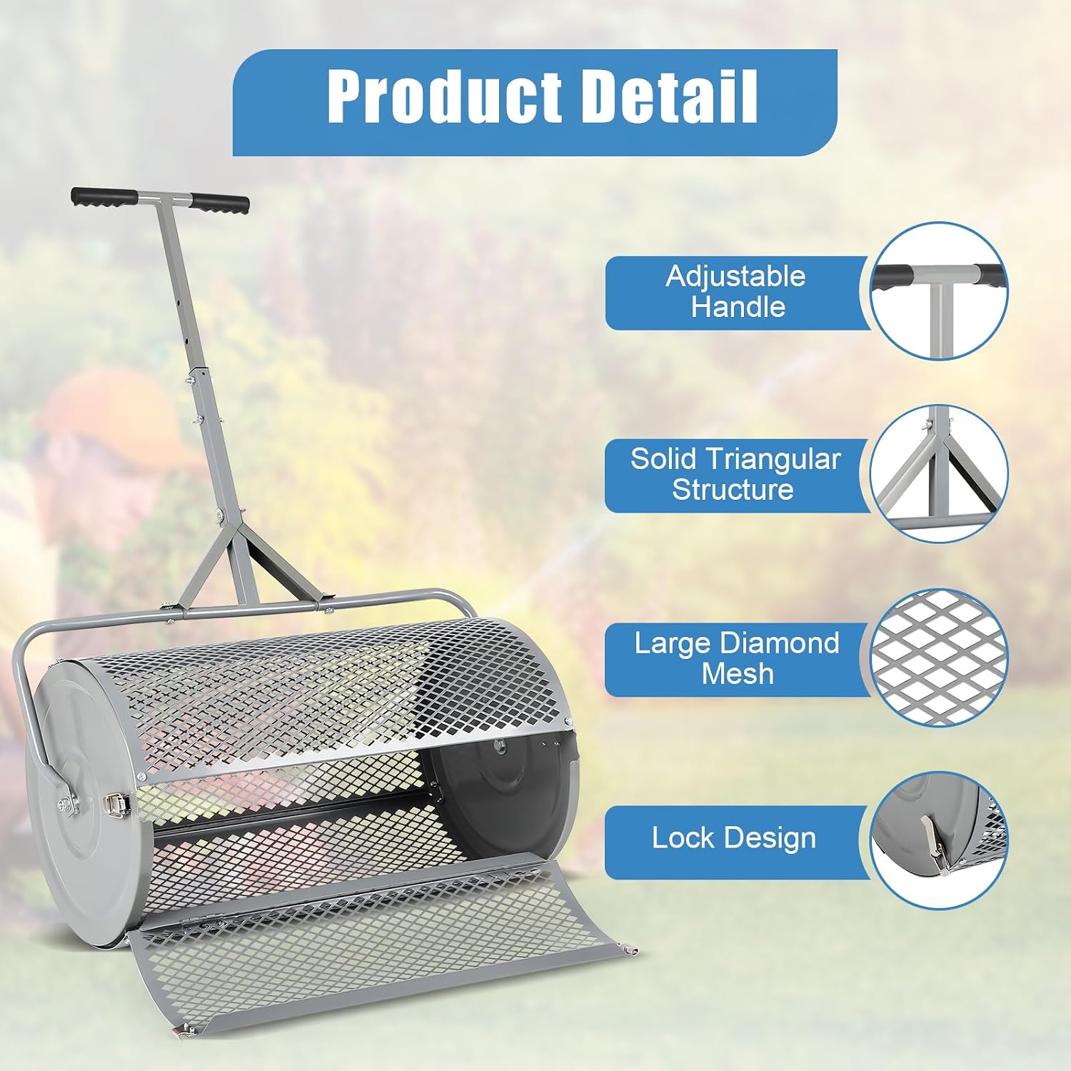Dollate Large Compost Spreader for Lawn, 27" Spreader with Adjustble Handle Used in Garden Backyard, Durable Roller Spreader for Yard Work Grey