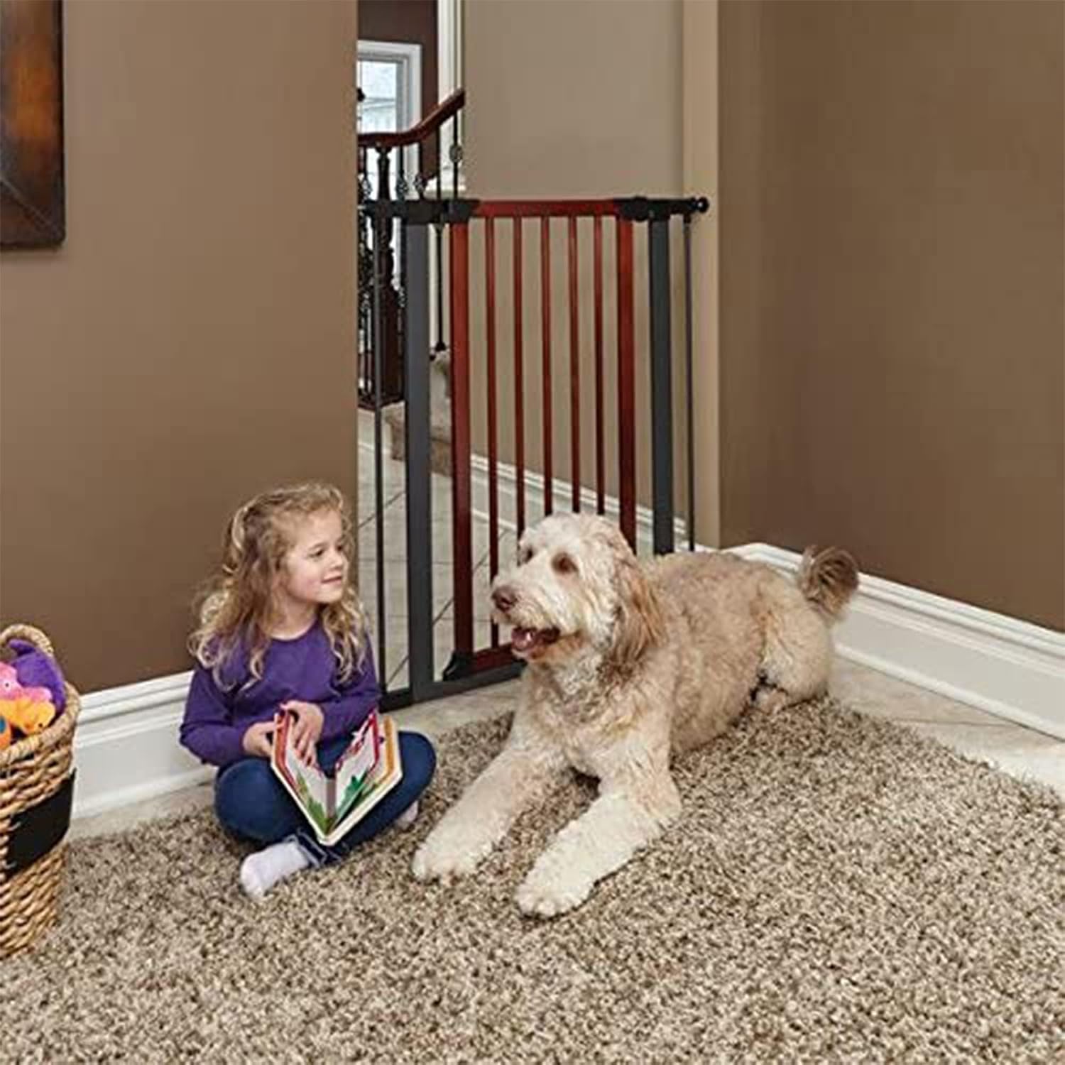 Midwest Homes 39-Inch Steel Walk-Thru Dog Gate, Expands to 38" | Pressure Mounted, Expands 29.5"- 38" Wide, Auto-Close Door, Spring-Loaded Latch, Includes Two 3" Extensions