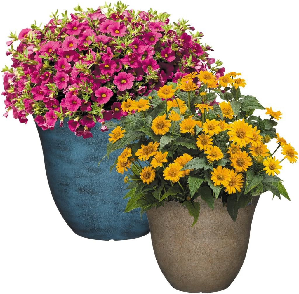 Honeysuckle Resin Planter, Durable Garden Pot, 15" Fossil | Hand-Painted Finish Plant Pots, Lightweight Indoor Outdoor Planter, UV-Resistant, Great for Patio, Home & Garden Decor Accent