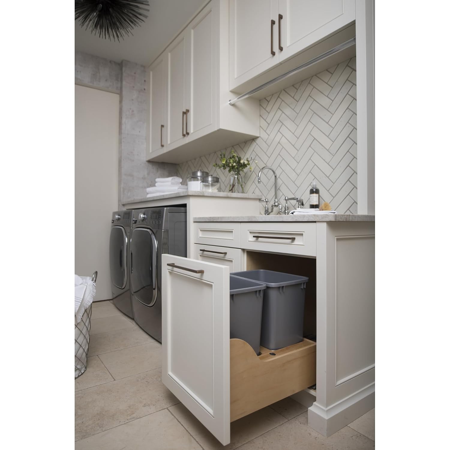 Rev-A-Shelf Pullout Trash Cans for Kitchen Cabinet, Dual 35 Qt Bins with 15" Wood Frame - Large Garbage Bin Containers for Home Waste Storage and Recycling | w/ Soft Close, Under Cabinet Waste/ Recycling Bin, Maple Wood Bottom Mount w/Full Extension Ball…
