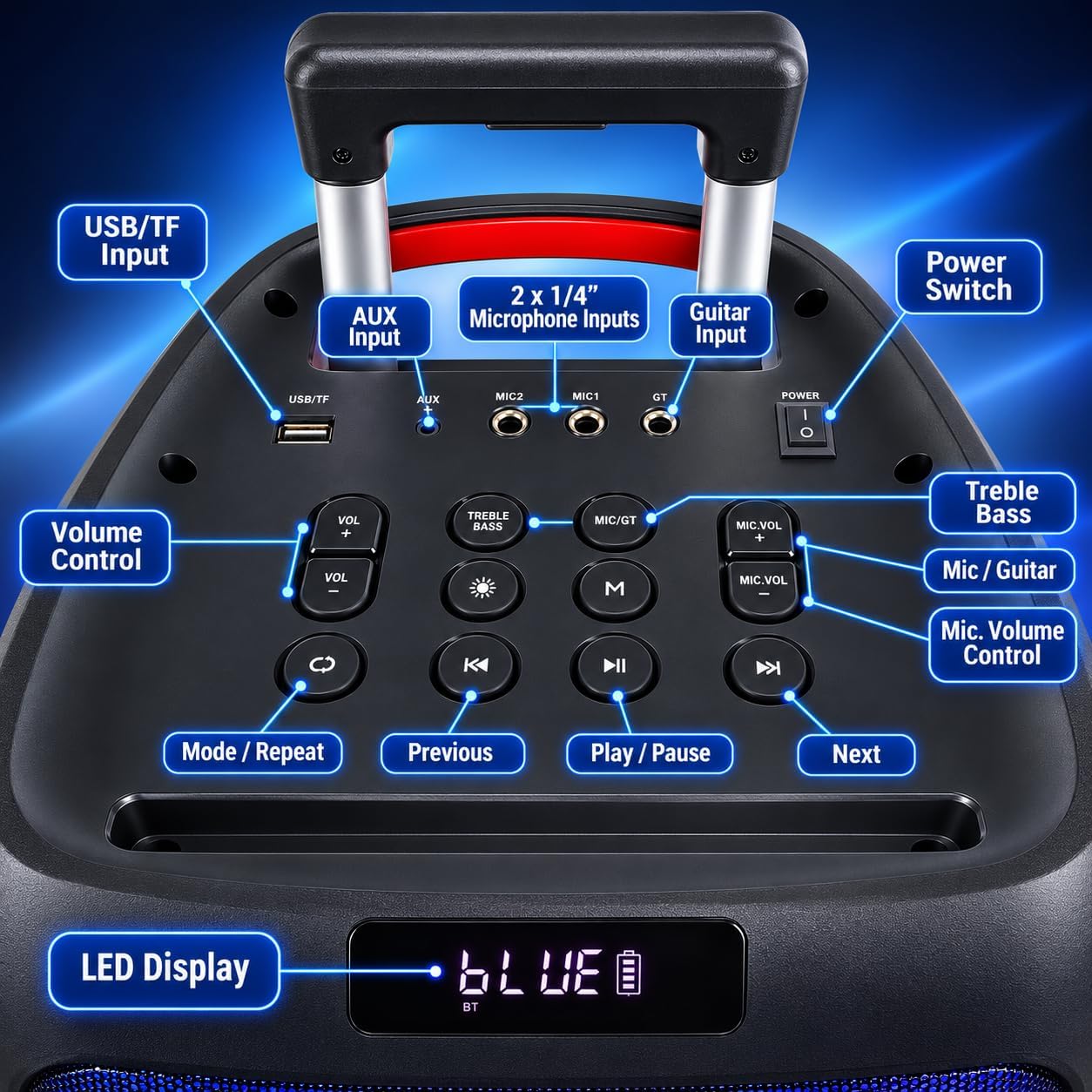 BT-0808Pro Portable 500W All in One Karaoke System, Free: 2 x Professionial Microphones