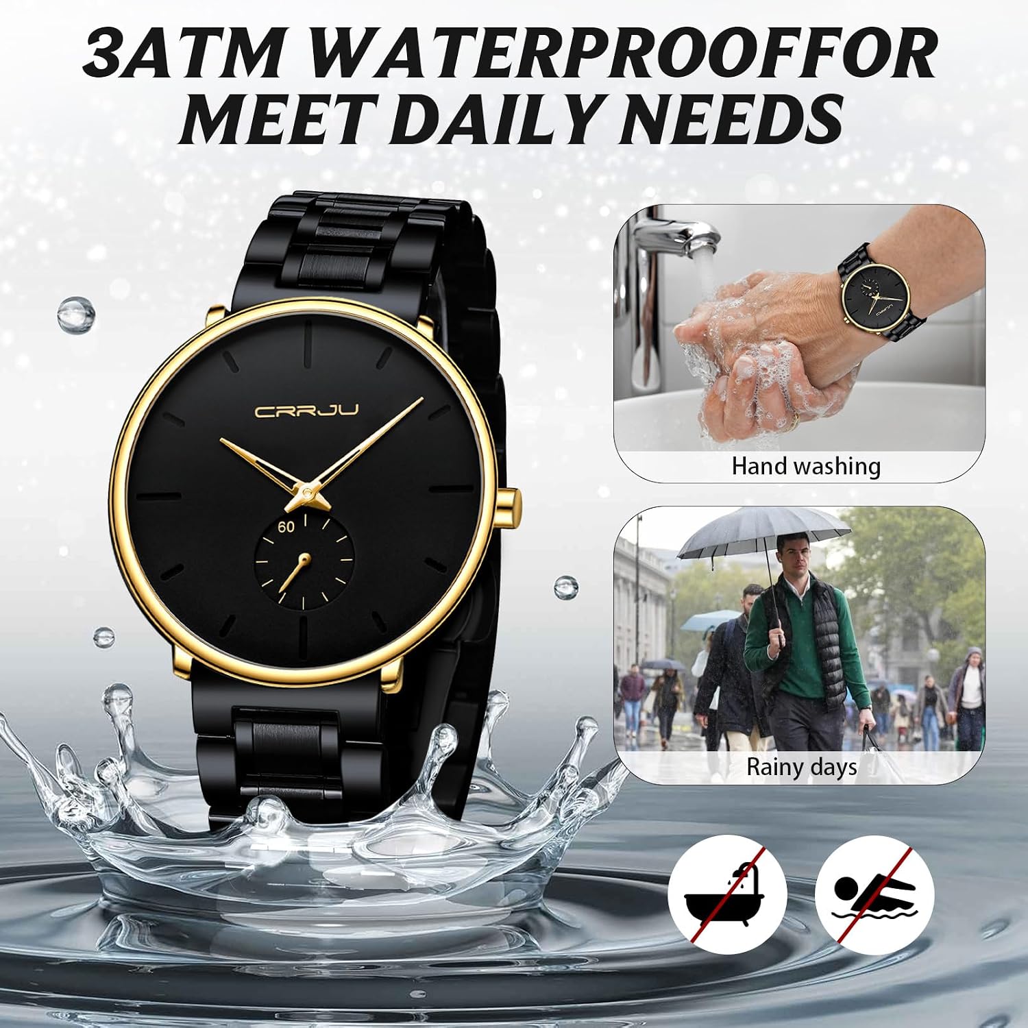 Mens Watches Ultra-Thin Minimalist Waterproof-Fashion Wrist Watch for Men Unisex Dress with Stainless Steel Band-Black Hands