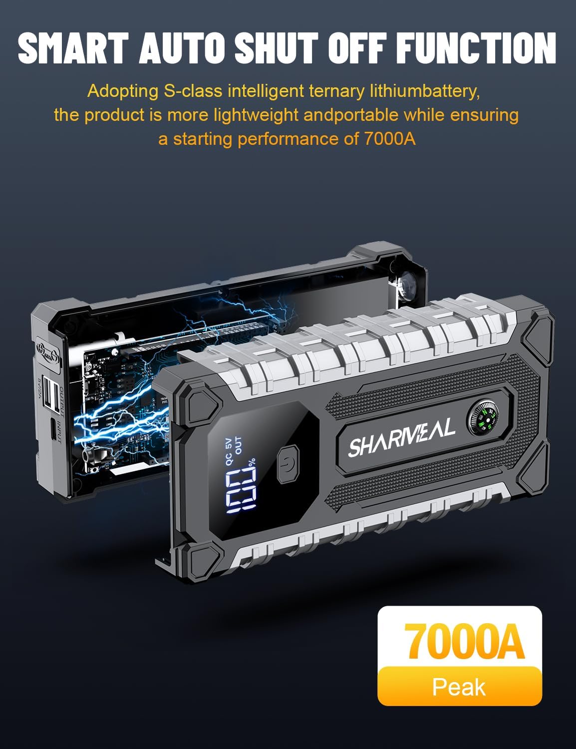 Sharmeal Car Jump Starter 7000A, Jump Starter Battery Pack for All Gas and 12.0L Diesel, 12V Portable Jump Box with LED Light