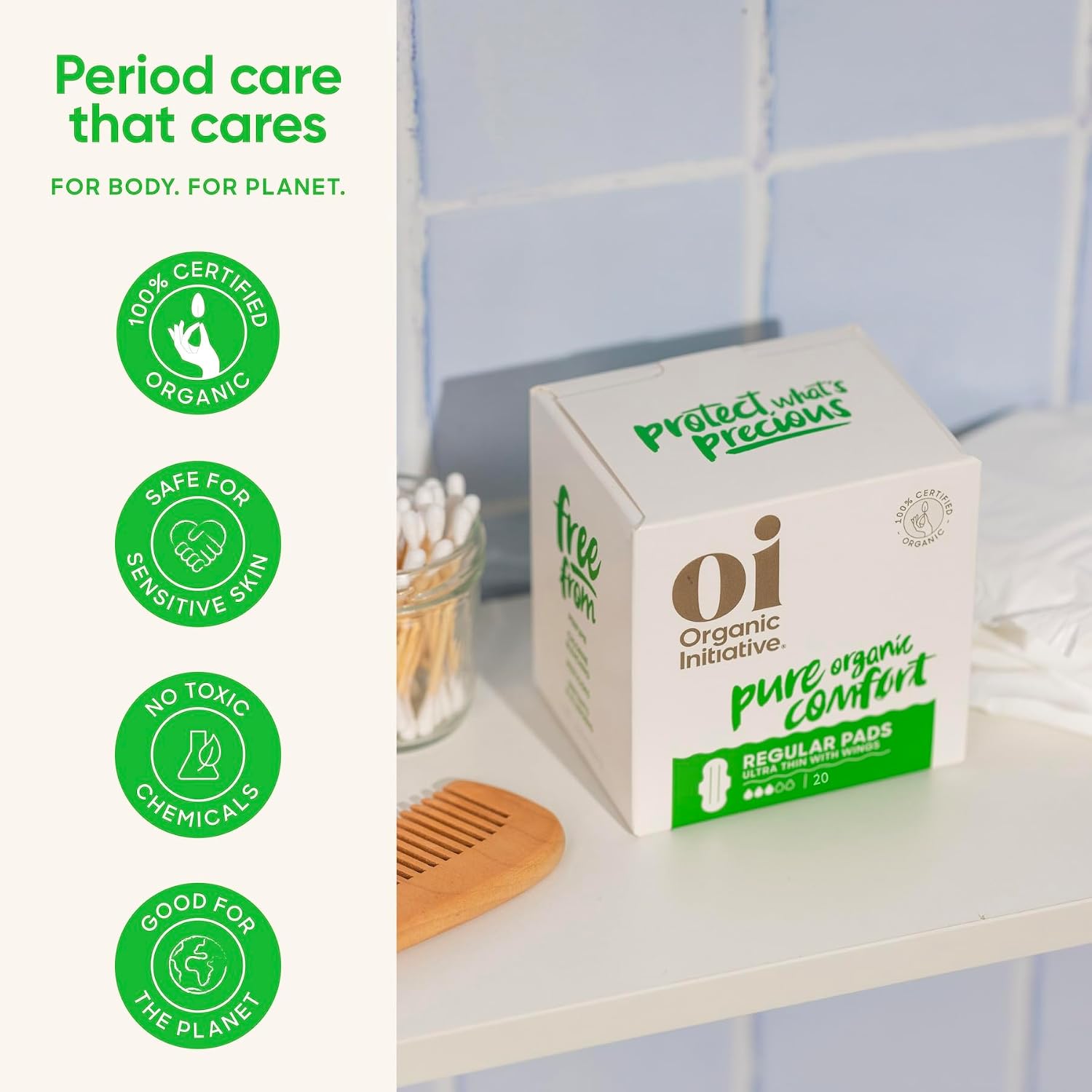 Oi | Organic Initiative - Ultra Thin Pads with Wings, 20 Count (10 Regular/10 Super) | 100% Certified Organic Cotton Pads, Unscented | Leak Free, Biodegradable Thin Pads for Women | Non-GMO, Non Toxic