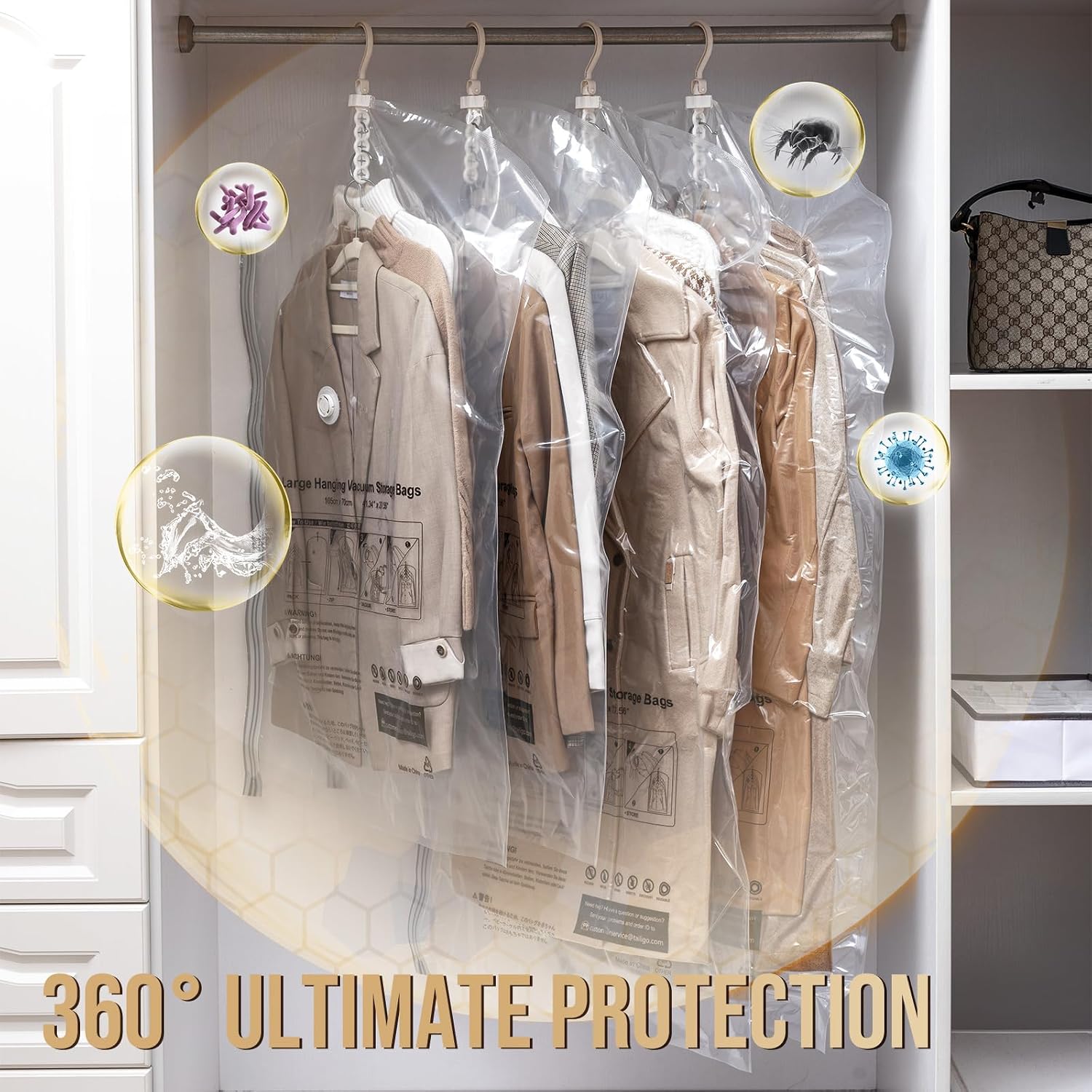 TAILI Hanging Vacuum Storage Bags, Space Save Vacuum seal bags for Clothing Travel, Suits and Jackets, Winter Coat Storage Closet Organizers, Set of 4 (2 Long, 2 Short), Clear