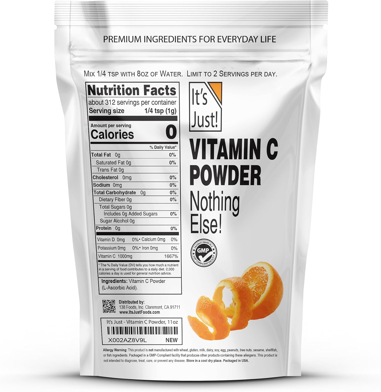 It's Just! - Vitamin C Powder, 100% Pure L-Ascorbic Acid, Food Grade, Immune Support, Homemade Cosmetics (11oz)