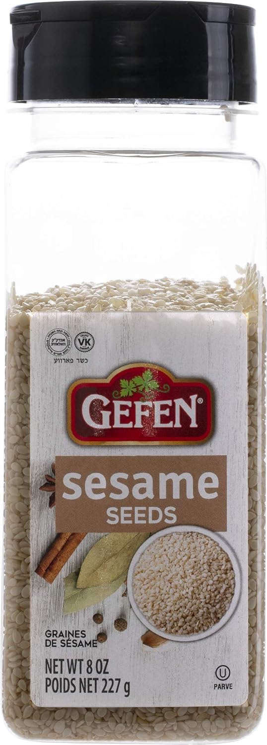 Gefen Whole Hulled White Sesame Seeds, 8oz Shaker Canister, Double Spout For Pouring & Sprinkling
