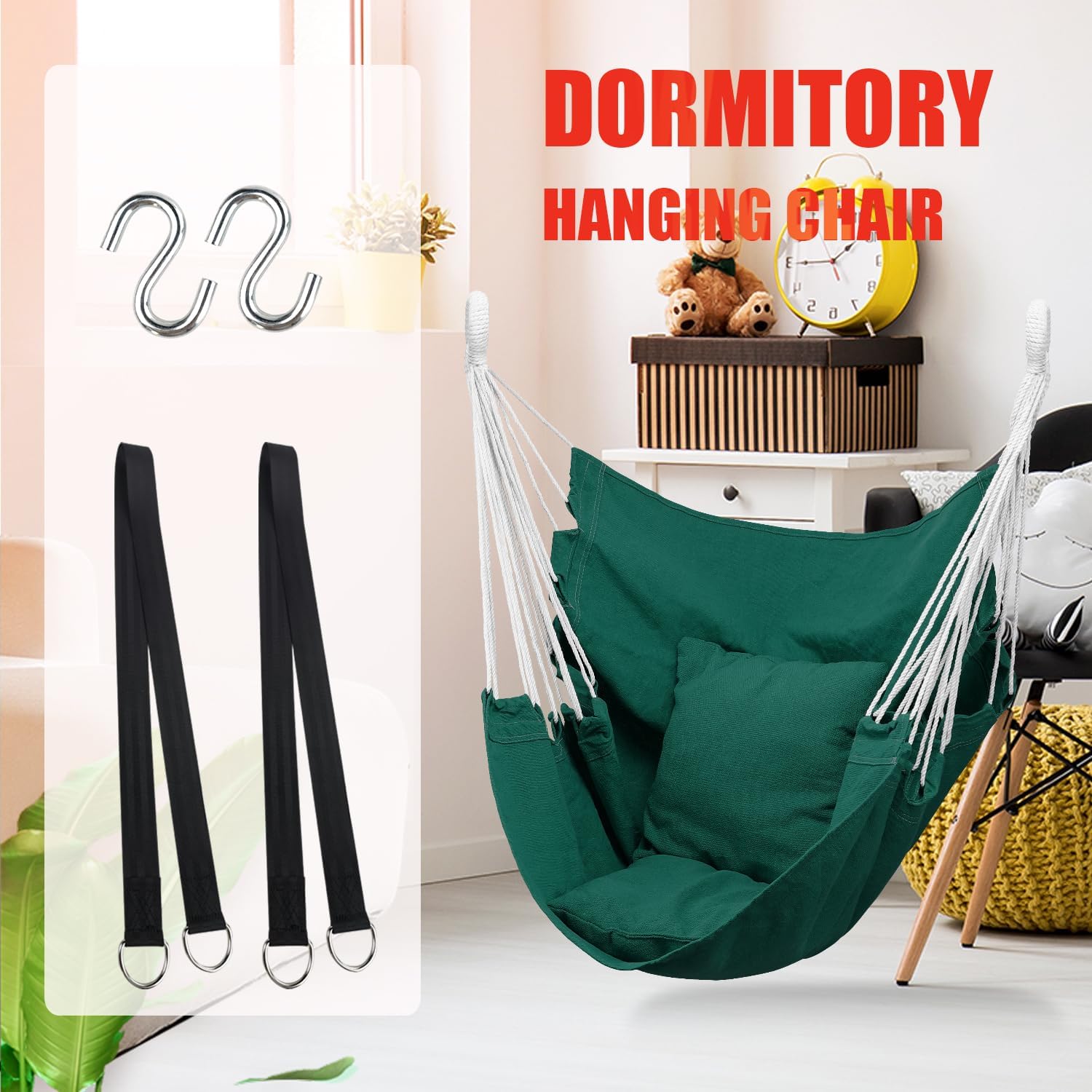 Hommtina Hammock Chair Hanging Rope Swing, Max 300 Lbs Hanging Chair with Pocket & Durability Perfect for Outdoor, Home, Bedroom, Patio