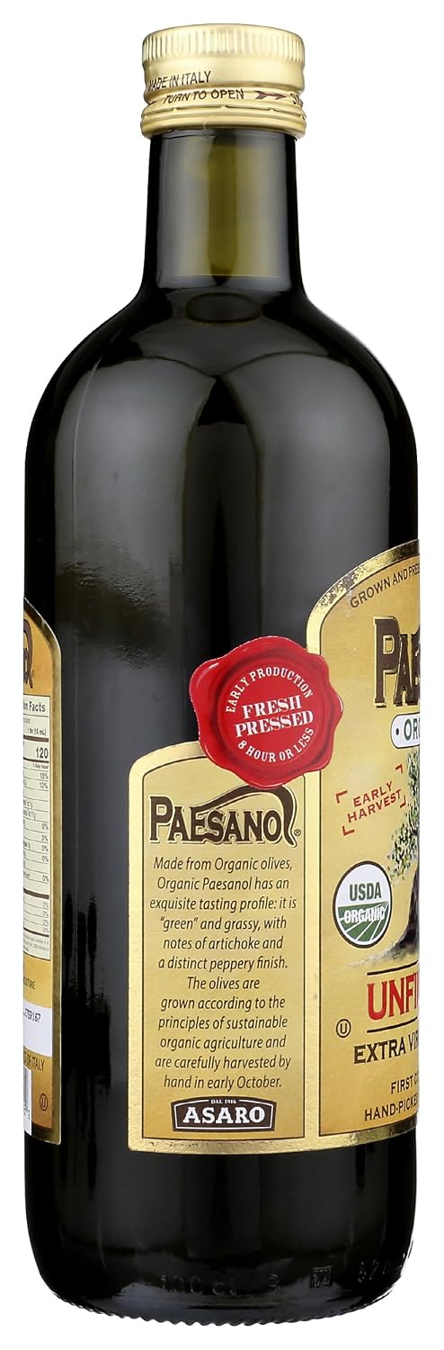 Paesanol Organic Extra Virgin Olive Oil, Unfiltered, 33.8 Fl Oz (1L) | High Polyphenol, Premium First Cold Pressed, Hand Picked, Early Harvest in Sicily, Award Winning Italian EVOO