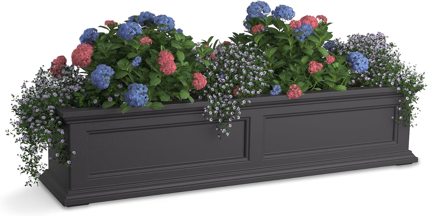 Mayne Fairfield 48in Self-Watering Rectangular Window Box Planter, Black | Self-watering, All season, Fade resistant, Mounting brackets included, Built-in overflow, 15-year warranty