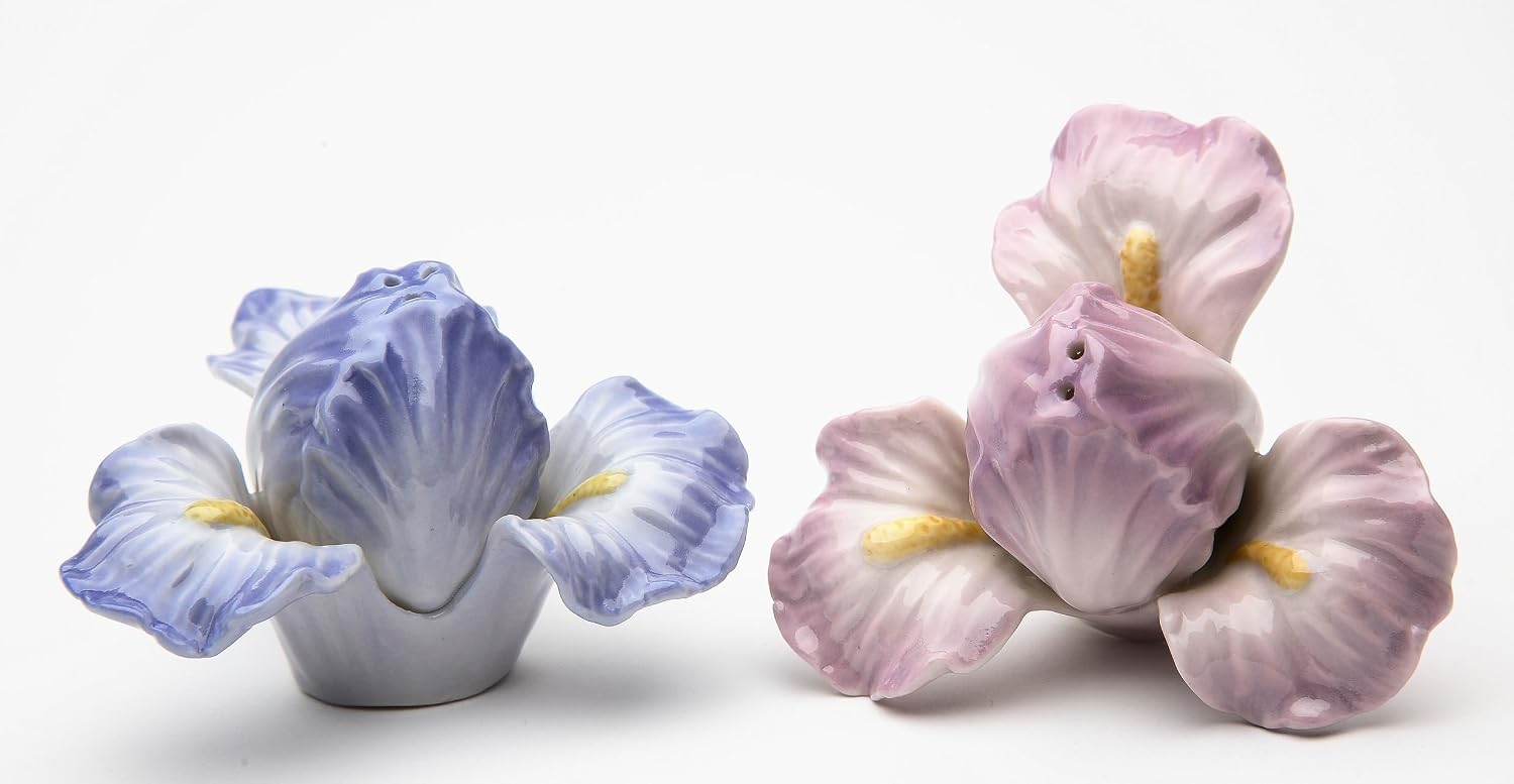 Fine Porcelain Iris Flower Salt and Pepper Shakers Set 2.25" H