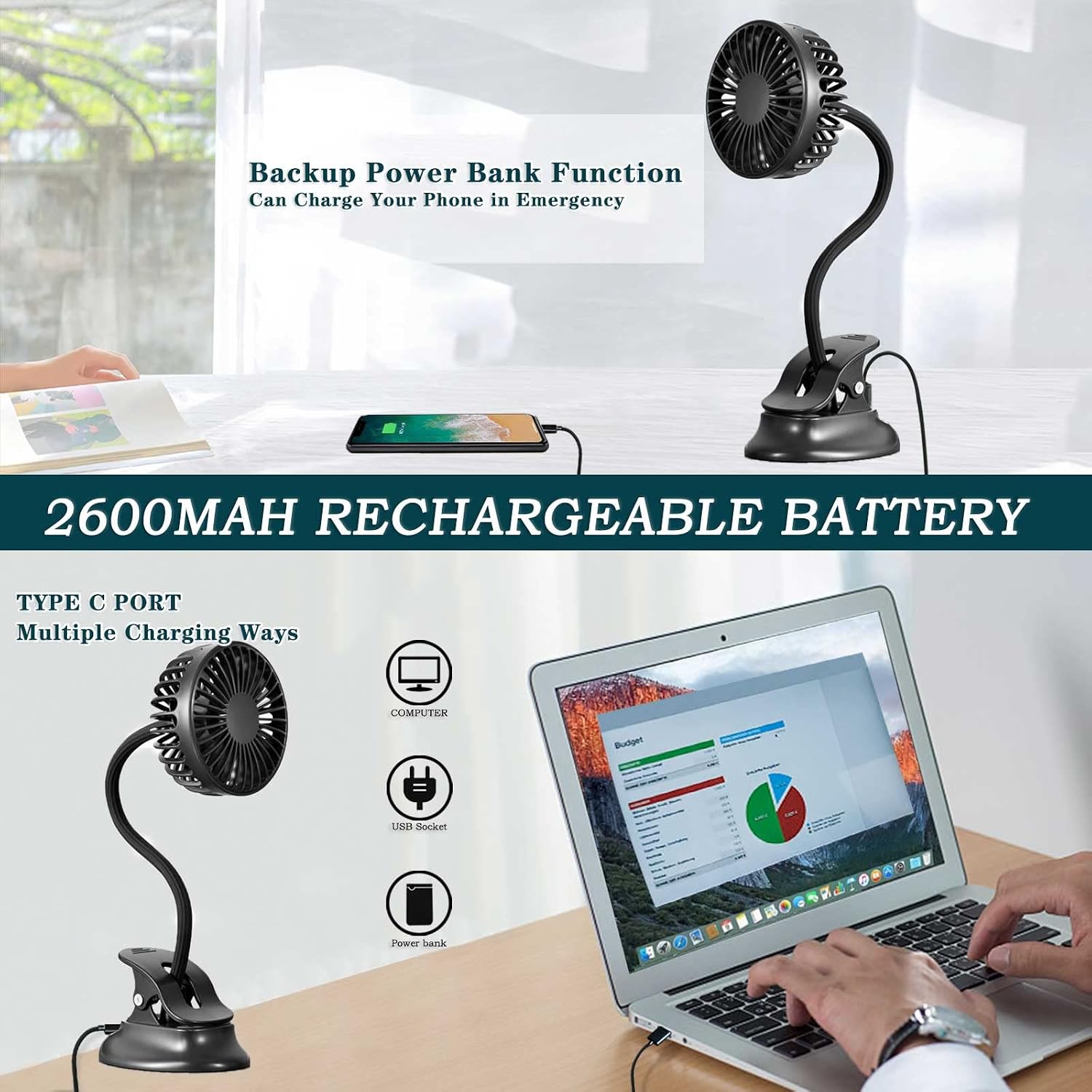 Clip On USB Mini Desk Fan with Emergency Power Bank, Battery Operated Rechargeable Portable Fan - Flexible Neck, 3 Speed Personal Cooling for Car