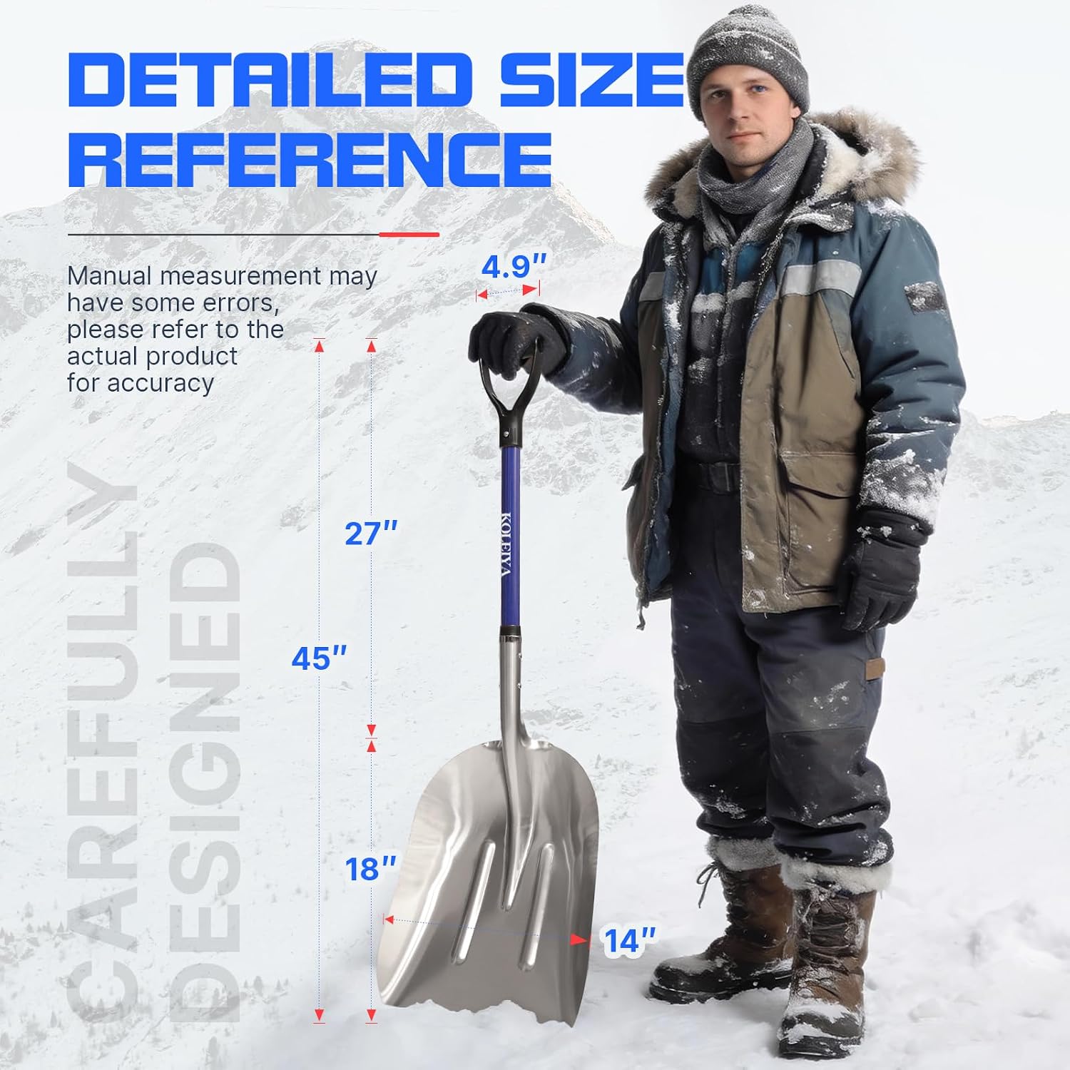 KOLEIYA Aluminum Snow Shovel Heavy Duty, 45-Inch Large Capacity Metal Scoop for Driveway, 3.7lbs Lightweight with Fiberglass D-Handle, Blue