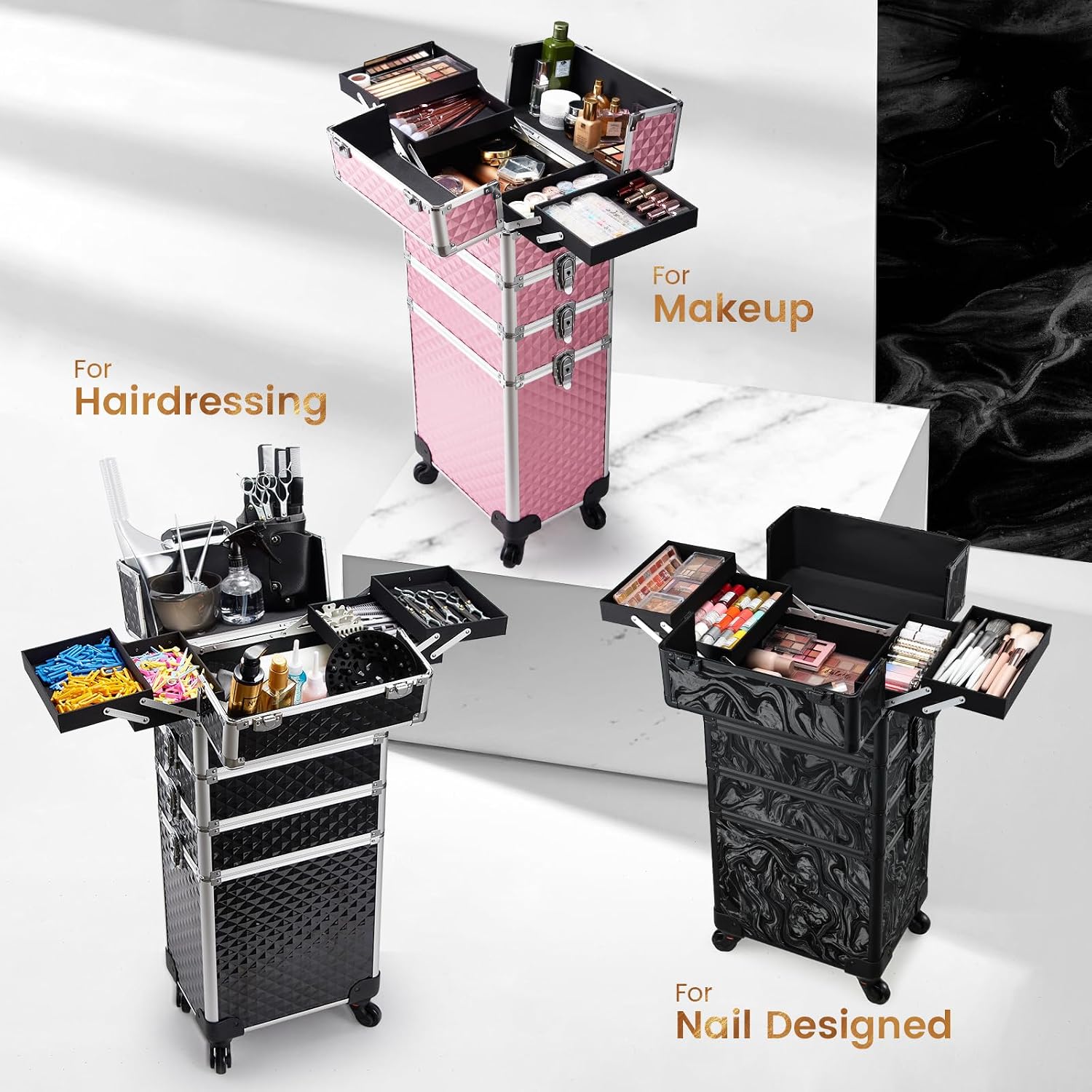 Stagiant Rolling Makeup Case Cosmetology Case on Wheels 4 in 1 Large Cosmetic Organizer Train Case Makeup Travel Case with Key Swivel Wheels Nail