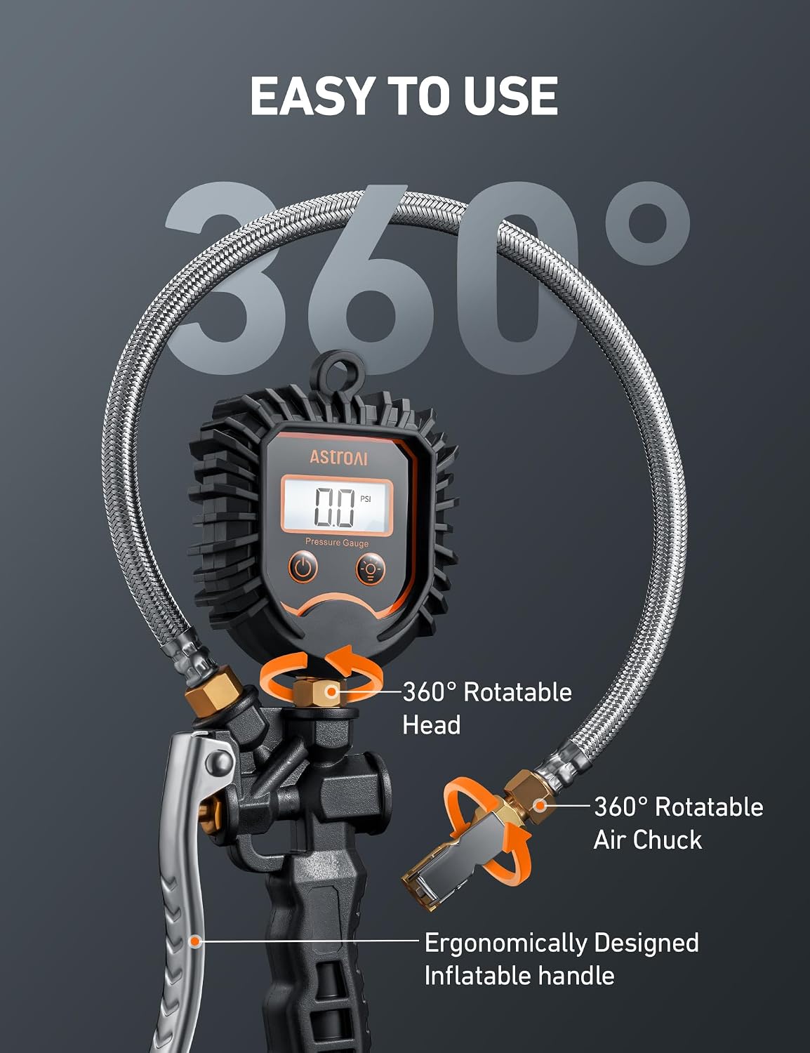 AstroAI Digital Tire Pressure Gauge, Heavy Duty Tire Inflator Gauge 250PSI Air Chuck Compressor Accessories with Stainless Braided Hose