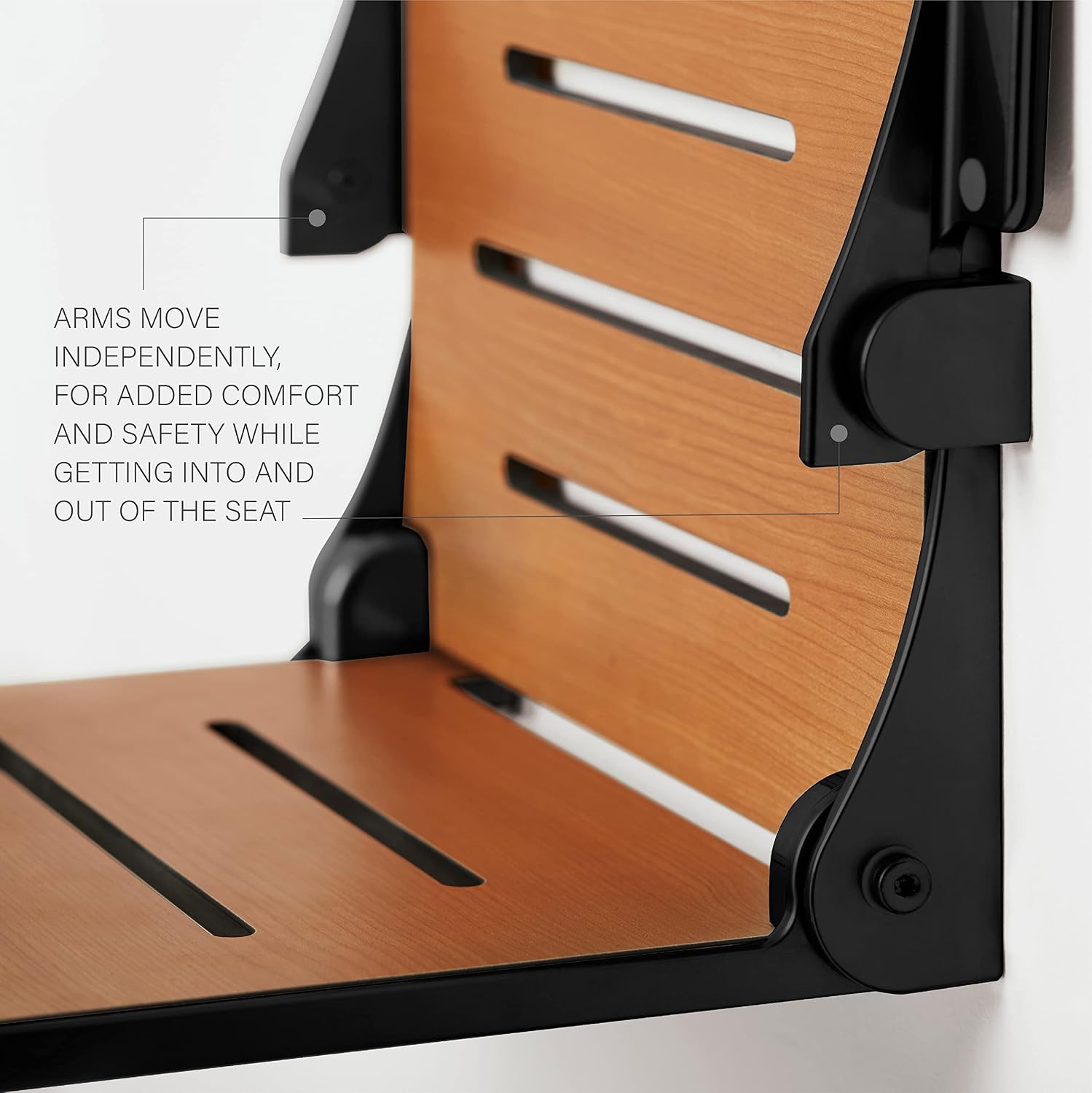 Seachrome Silhouette Comfort Folding Wall Mount Shower Bench Seat with Arms, Teak Seat with Silver Frame