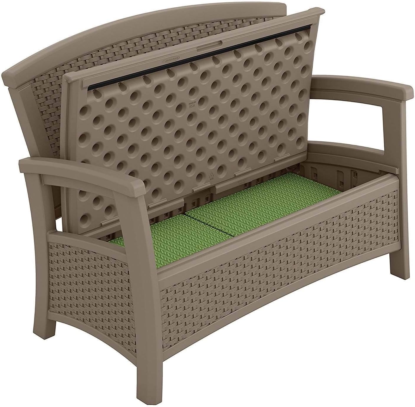 Suncast Outdoor Wicker Love Seat with 23-Gallon Storage, Comfortable Seating for Two, Ergonomic Back Support, All-Weather Furniture for Patio, Deck, and Garden, Java, Made in the USA