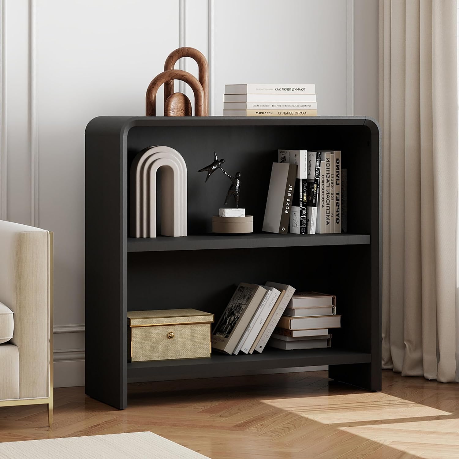 Bevfint 44" Bookcase Tall 3 Shelves Wood Bookshelf with Curved Soft Edges, Heavy Duty Storage Cabinet for Professional Home Office and Living Room, Modern Natural Oak Grain Finish