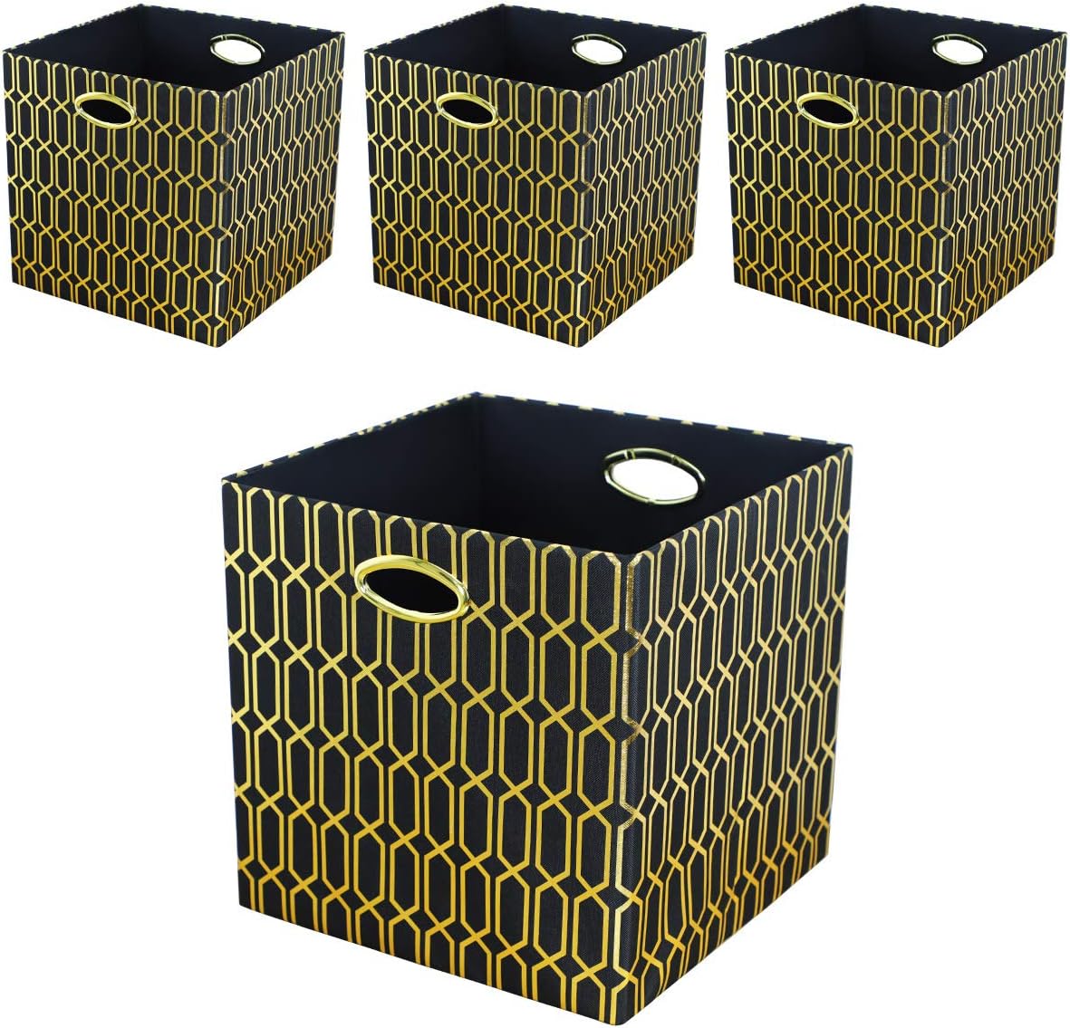 Posprica Storage Bins, Storage Cubes,13×13 Fabric Drawers Organizer Basket Boxes Containers (13×13×13/4pcs, Cream/gold geometry Pattern)
