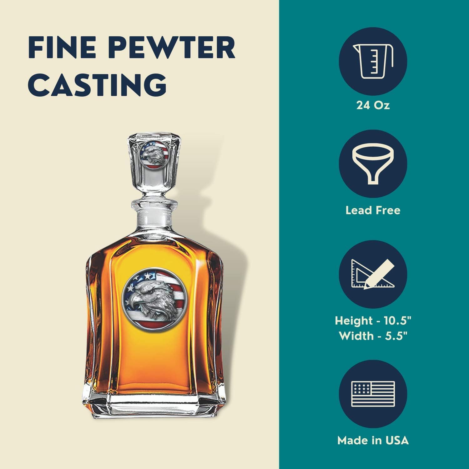 Marines Decanter – Eagle Globe & Anchor | 24 OZ Whiskey Decanter for Liquor with Airtight Stopper | Expertly Crafted Pewter Glass Clear