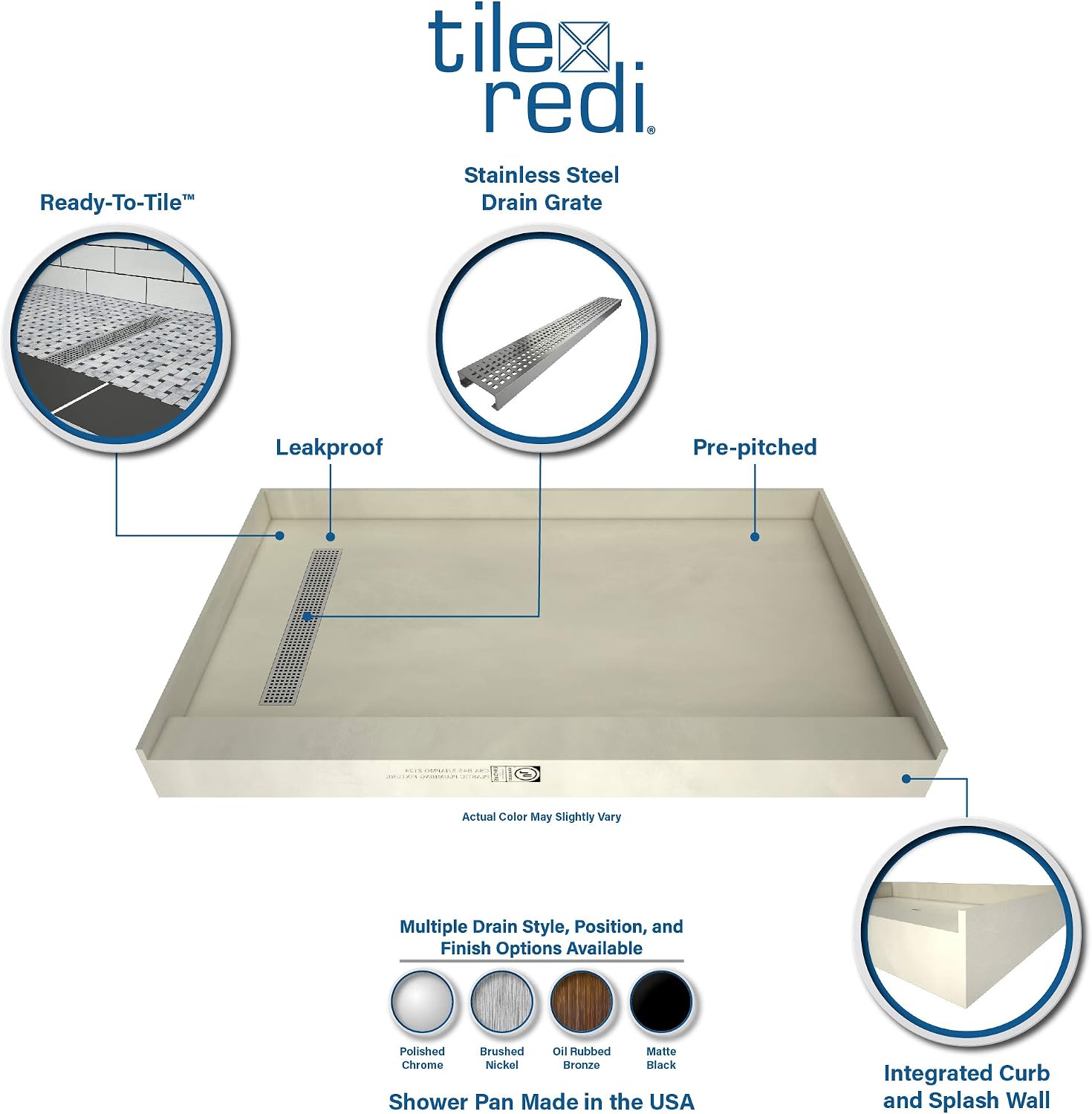Tile Redi RT3460L-PVC-SQBN Shower Pan, 60" x 34" | Left Drain, Single Curb, 2" PVC Drain Included, Grate Included