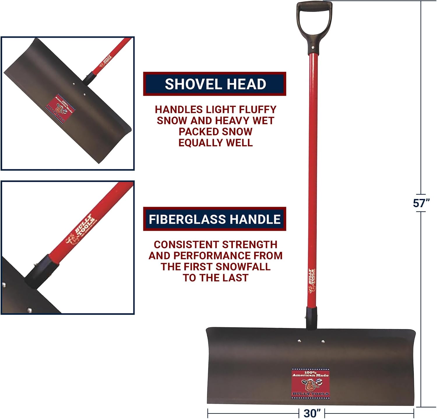 Heavy Duty Steel Snow Pusher - Extra Long Fiberglass D-Grip Handle, Durable Wide Metal Push Shovel for Driveways, Sidewalks & Parking Lots