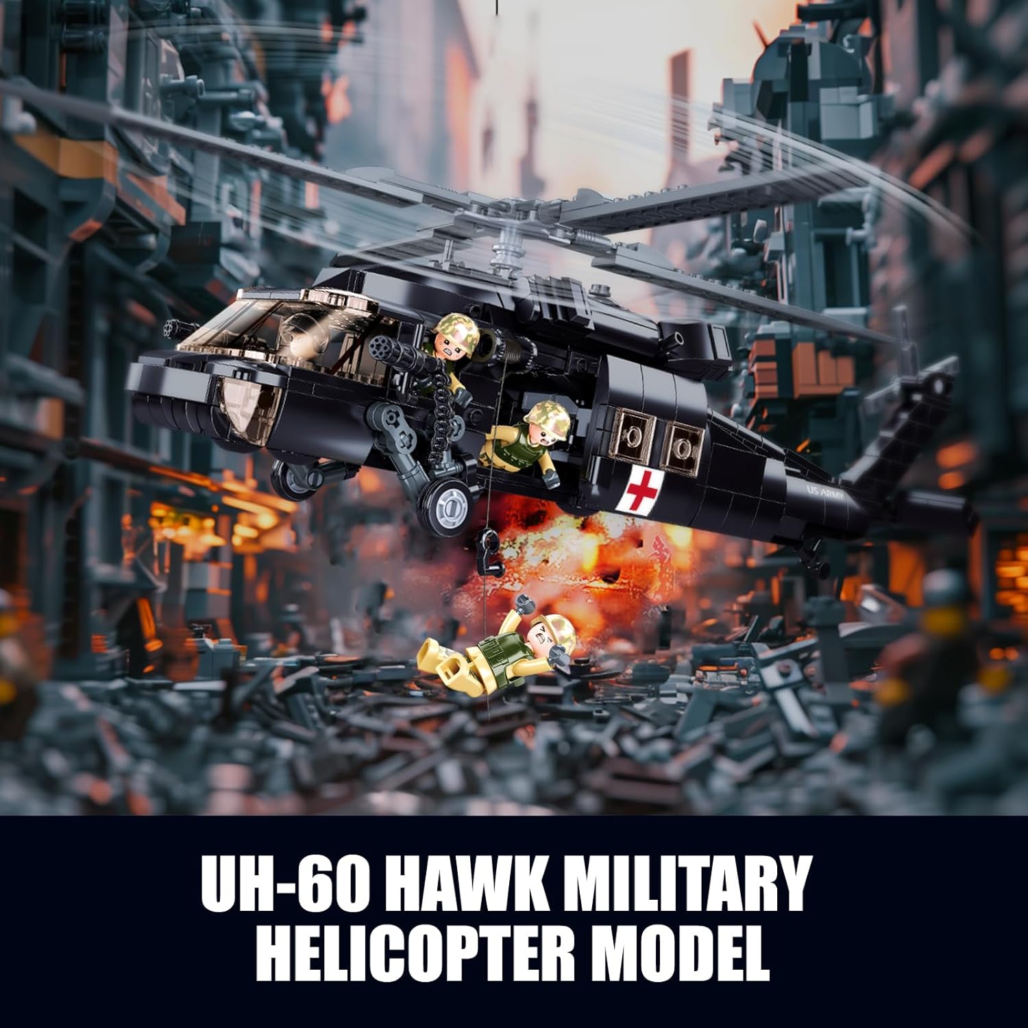 UH-60 Black Utility Helicopter Building Set, Hawk Plane Model (692 PCS) | with 4 Soldier Figures, Birthday Gift Toys for 8-14 Boys