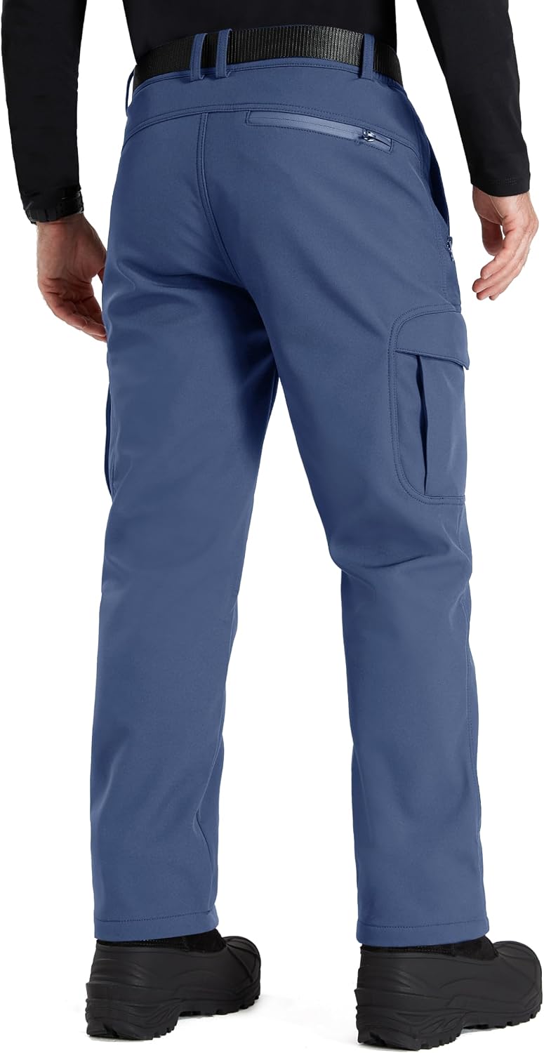 FREE SOLDIER Men's Outdoor Softshell Fleece Lined Cargo Pants | Snow Ski Hiking Pants with Belt, Waterproof Winter Pants, Insulated Work Pants, Breathable Windproof Insulated Pants
