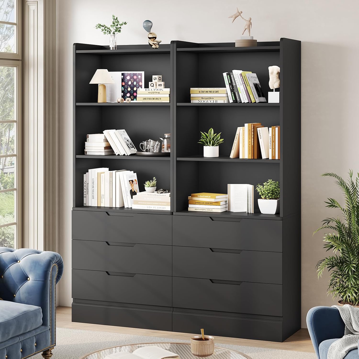 DICTAC 73.23'' Tall Storage Cabinet Bookcase with 3 Drawers and 3-Tier Open Shelves Wooden Bookshelf Kitchen Pantry Storage Organizer Cabinets for Living Room, Study, Kitchen,Bathroom,White