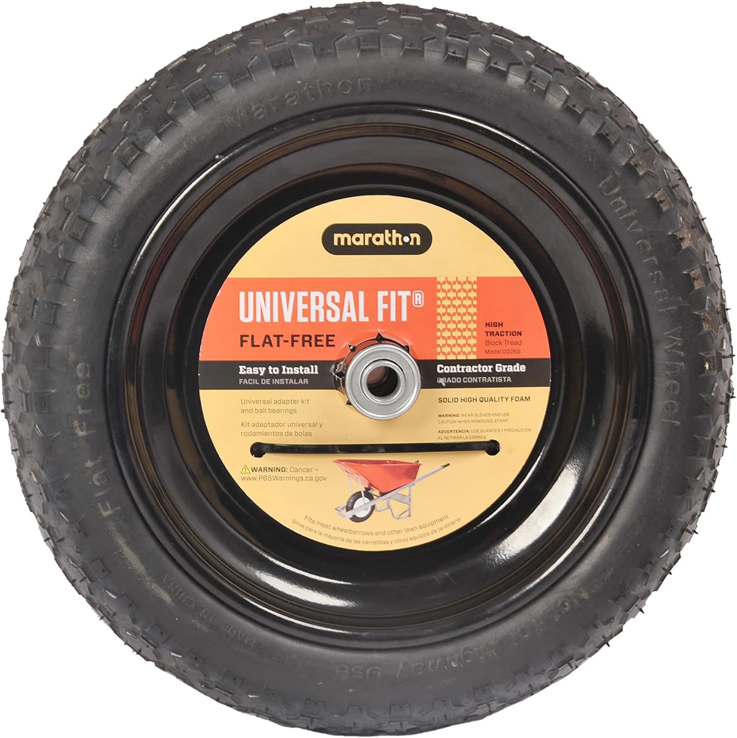 Universal Fit, Flat Free Wheelbarrow Tire and Wheel Assembly with Adapter Kit, black