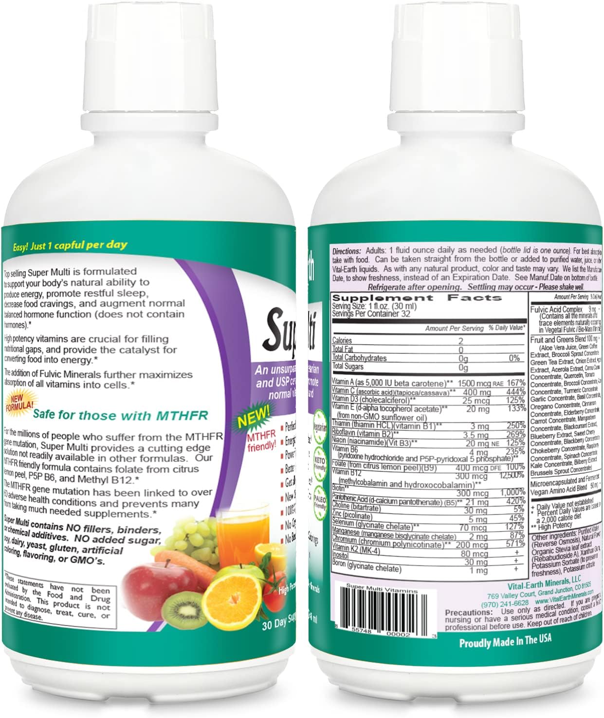 Vital Earth Minerals Super Multi – Liquid Multivitamins for Women, Men & Kids, Liquid Vitamins with Fulvic Acid for Better Absorption, MTHFR Support, 32 Oz + 1 Oz Cup