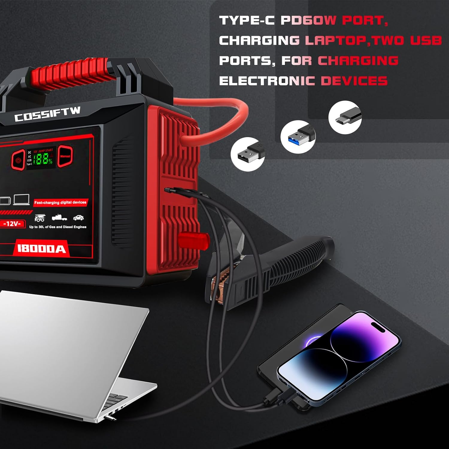 Heavy Duty Trucks 18000A 12V Car Jump Starter Portable Power Bank with PD 60W Two-Way Fast-Charging, Battery Booster Pack for Truck, Diesel, RV, SUV