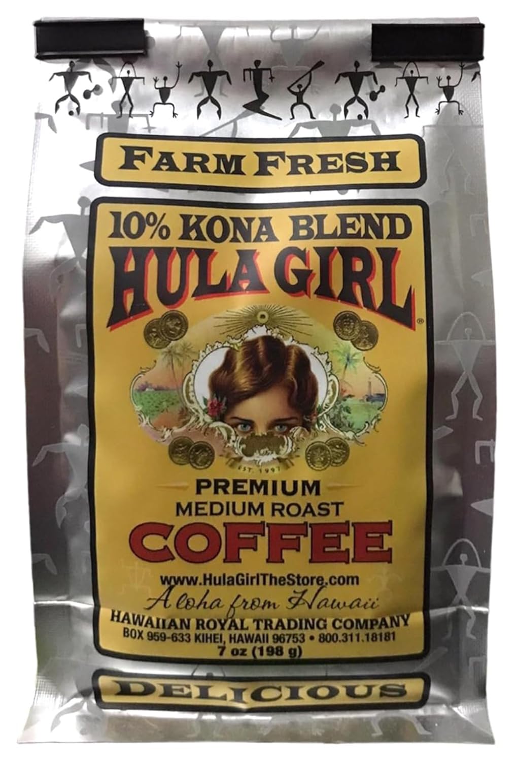 Hula Girl 10% Kona Ground Coffee, Grown in Hawaii, Hand Picked, Sun Dried, Fresh Roasted and Packed in Hawaii for 30 years, 7 Ounce