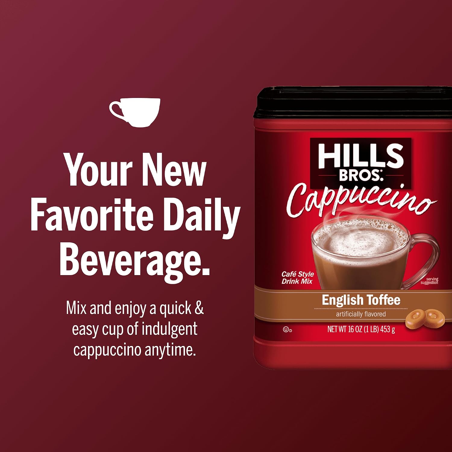 Hills Bros. Cappuccino Mix – Rich, Frothy Coffeehouse-Tasting Instant Drink Mix – Quick and Easy Preparation – Perfect for Hot & Iced Drinks & Creaming Coffee – Double Mocha, 1 Pack of 16oz