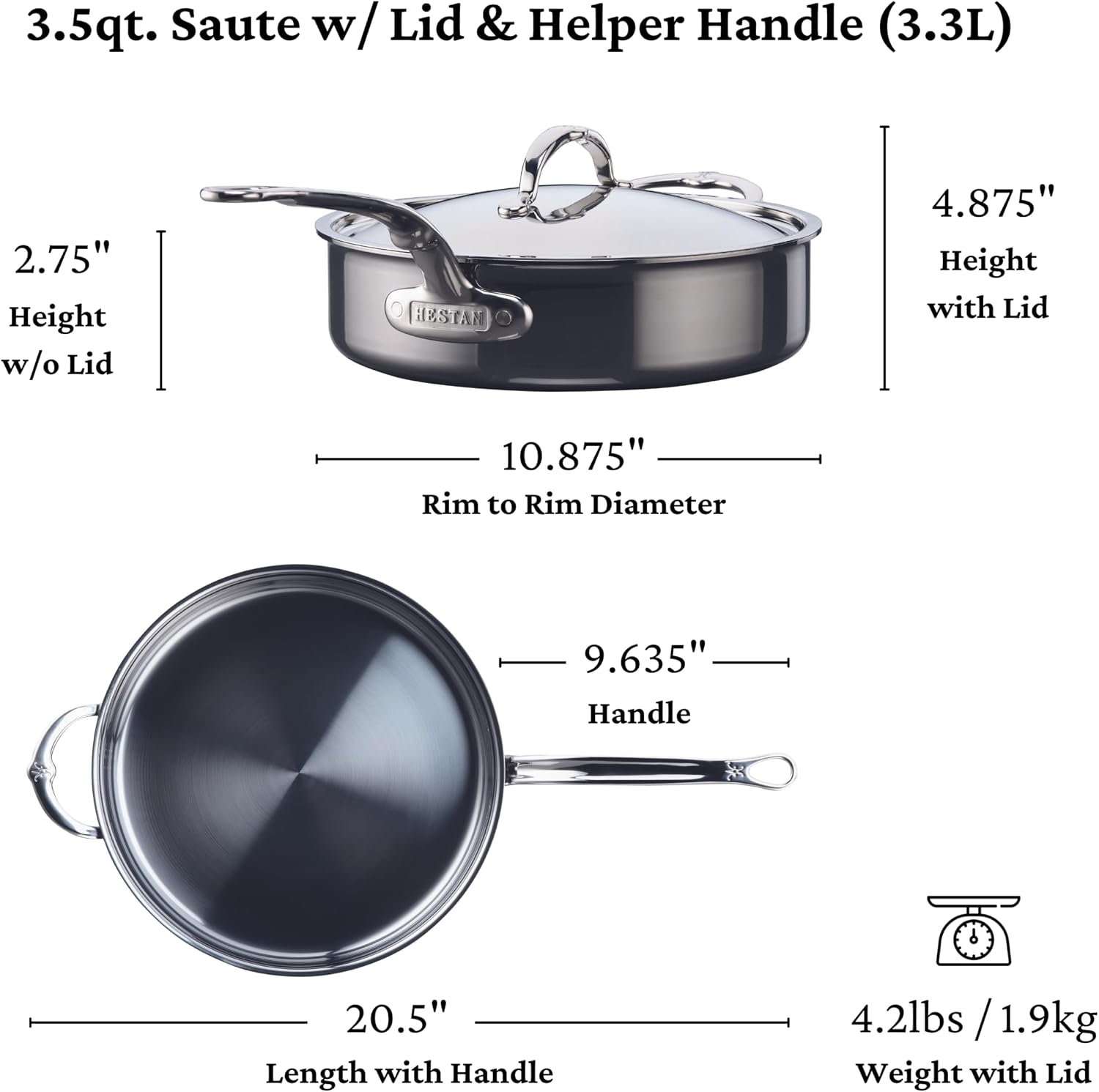 Hestan NanoBond Molecular Titanium Saute Pan with Lid, 3.5-Quart - PFAS-Free Stainless Steel, 4x Stronger, 1050°F Safe, Induction Compatible