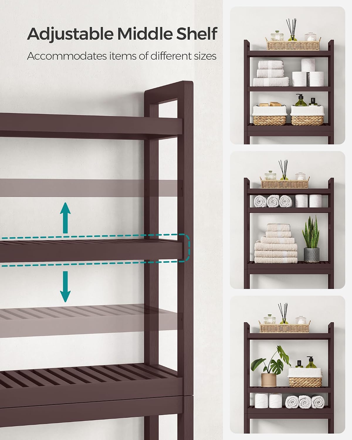 SONGMICS Over The Toilet Storage, 3-Tier Over Toilet Bathroom Organizer with Adjustable Shelf, 10.2 x 24.8 x 66.9 Inches, Space-Saving, Cloud White UBTS01WT