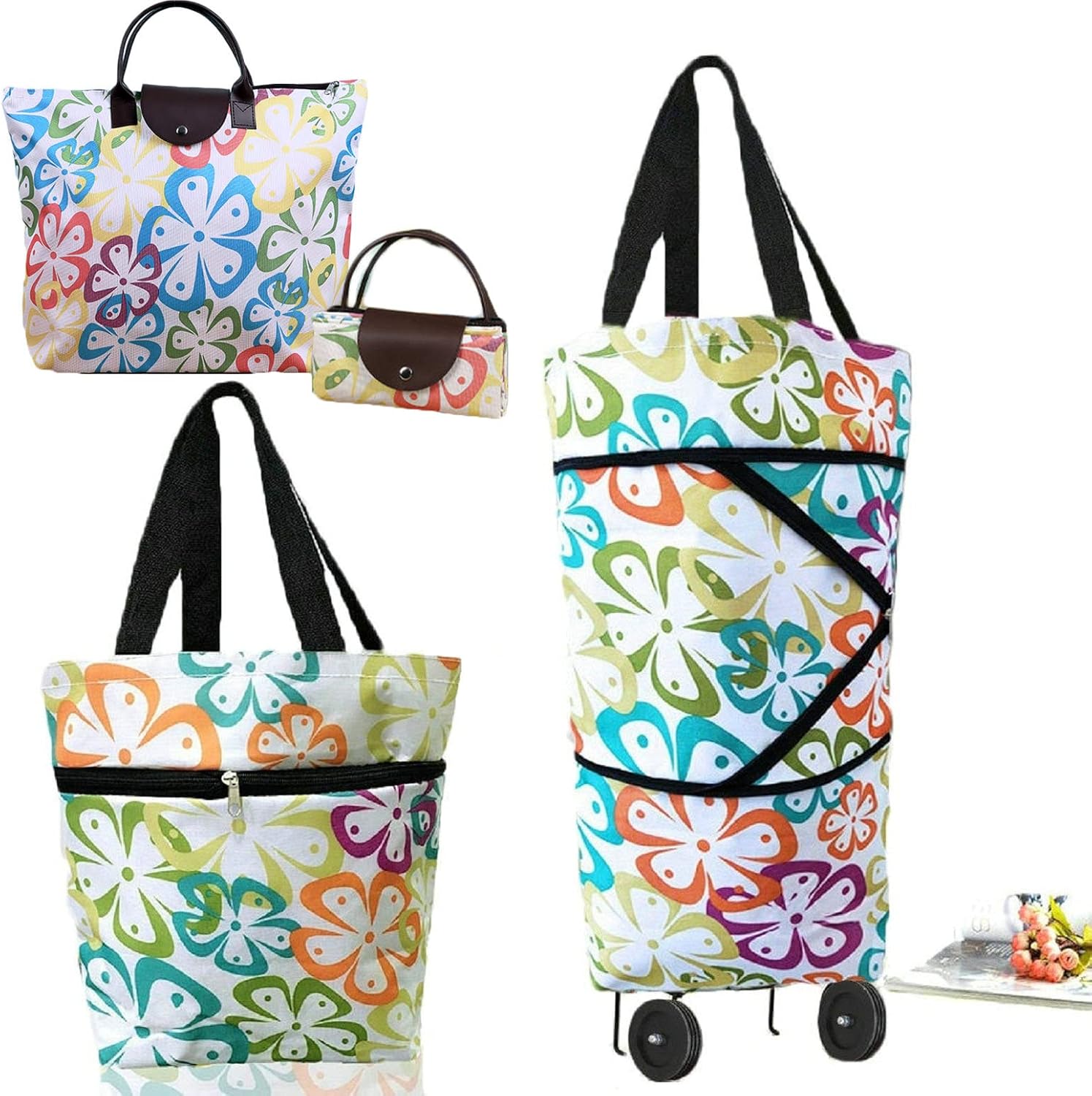 Collapsible Shopping Bag with Wheels Portable Shopping Cart with 360° Swivel Wheels Rolling Tote Bag Reusable Grocery Bag Trolley Bag on Wheels for Travel Shopping and Daily Use(Blue)