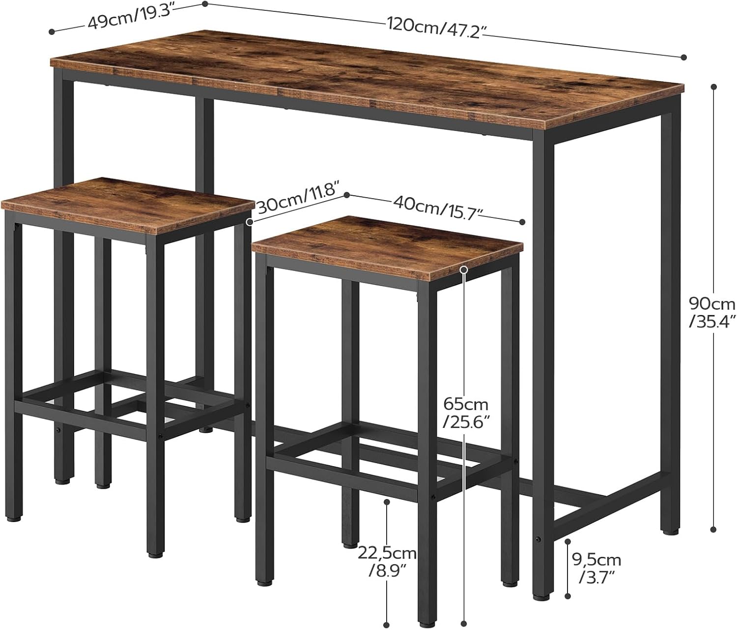 HOOBRO Bar Table and Chairs Set, 47.2” Rectangular Pub Table with 2 Stools for Small Space, 3-Piece Breakfast stools Set, Sturdy Metal Frame