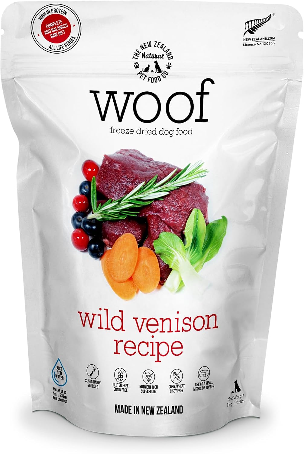 The New Zealand Natural Pet Food Co. Woof Freeze Dried Dog Food - Wild Venison, High Protein, Dog Food Topper & Dog Treats, All Life Stages, 1.76 oz