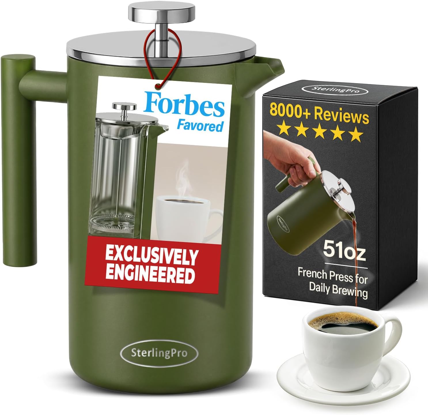 SterlingPro Large Insulated Stainless Steel French Press Coffee Maker 51oz Capacity (44 oz Brew Yield) – Double Wall Metal Coffee Press | Plastic Free | Cool-Touch | Mirror Finish | 12 Cups / 6 Mugs