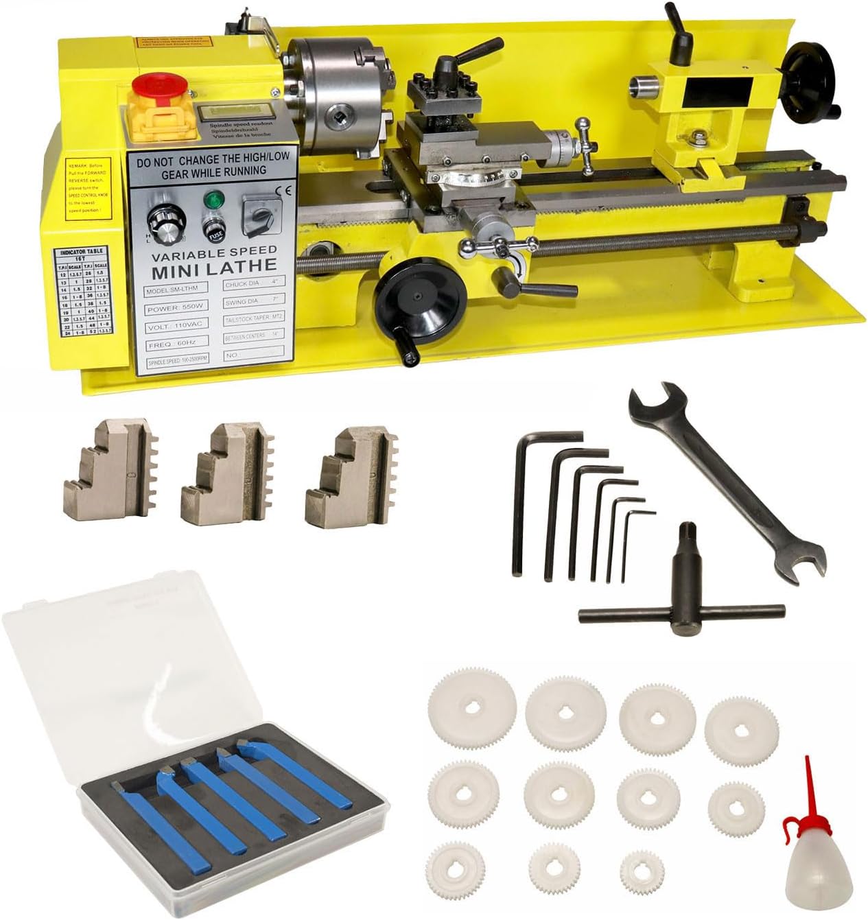 7 x 14 Precision Bench Top Mini Metal Milling Lathe Variable Speed 2500 RPM & Digital Readout with 5 pc. Cutter Kit