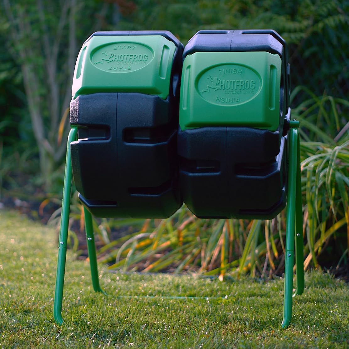 FCMP Outdoor HOTFROG 37-Gallon Dual-Chamber Tumbling Composter, Black/Green (HF-DBC4000) - UV-Inhibited, BPA-Free, Compost Bin for Garden