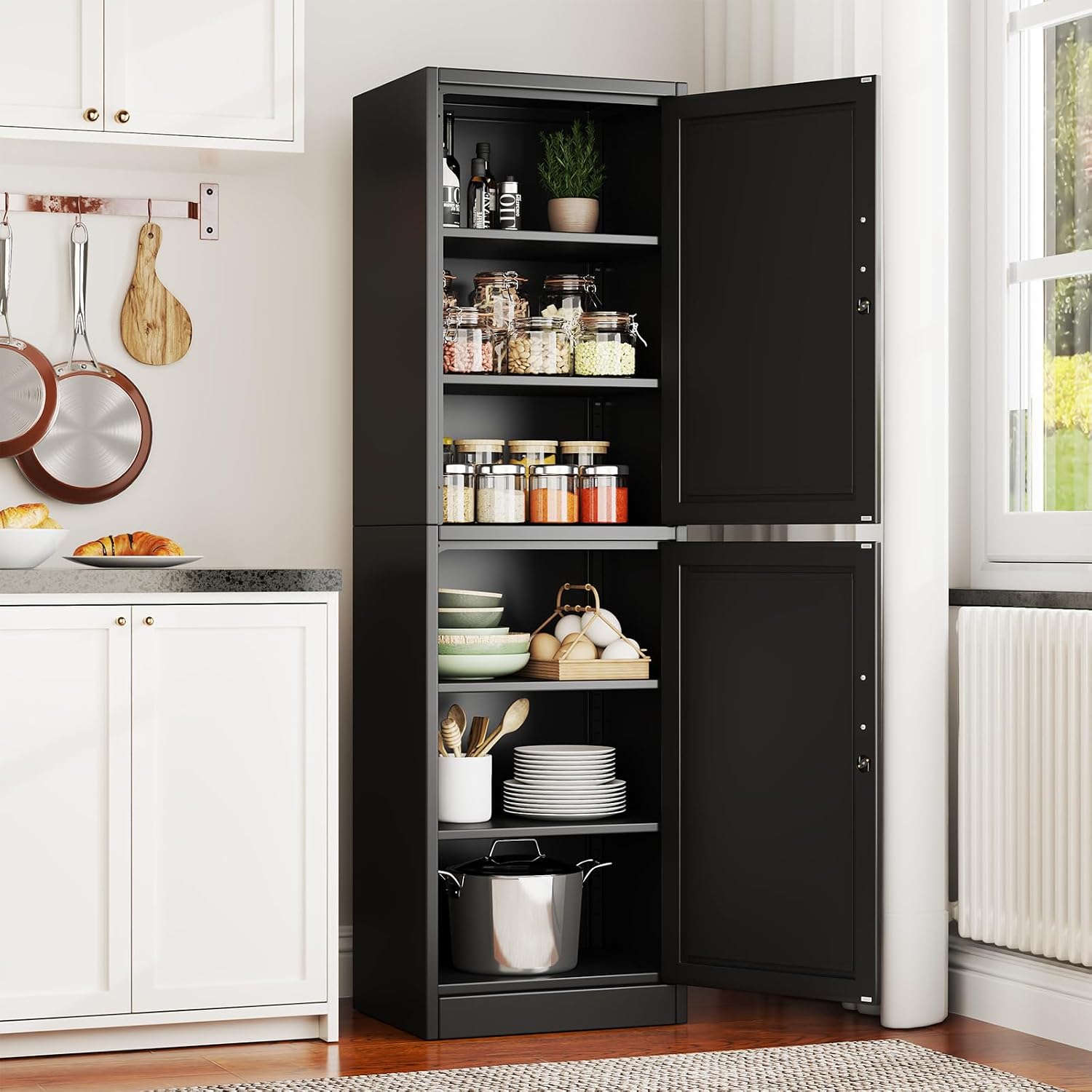 pozdeg 67" Tall Narrow White Metal Storage Cabinet | 2 Doors, 4 Adjustable Shelves, Freestanding Slim Pantry Organizer for Bathroom Kitchen Living Room
