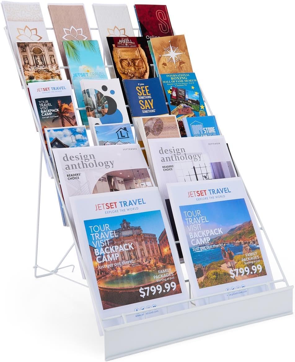 Displays2go 6-Tier Wire Magazine Rack, White | For Brochures & Literature, Metal Countertop Display Rack, Front Sign Channel, WRC6T18WT