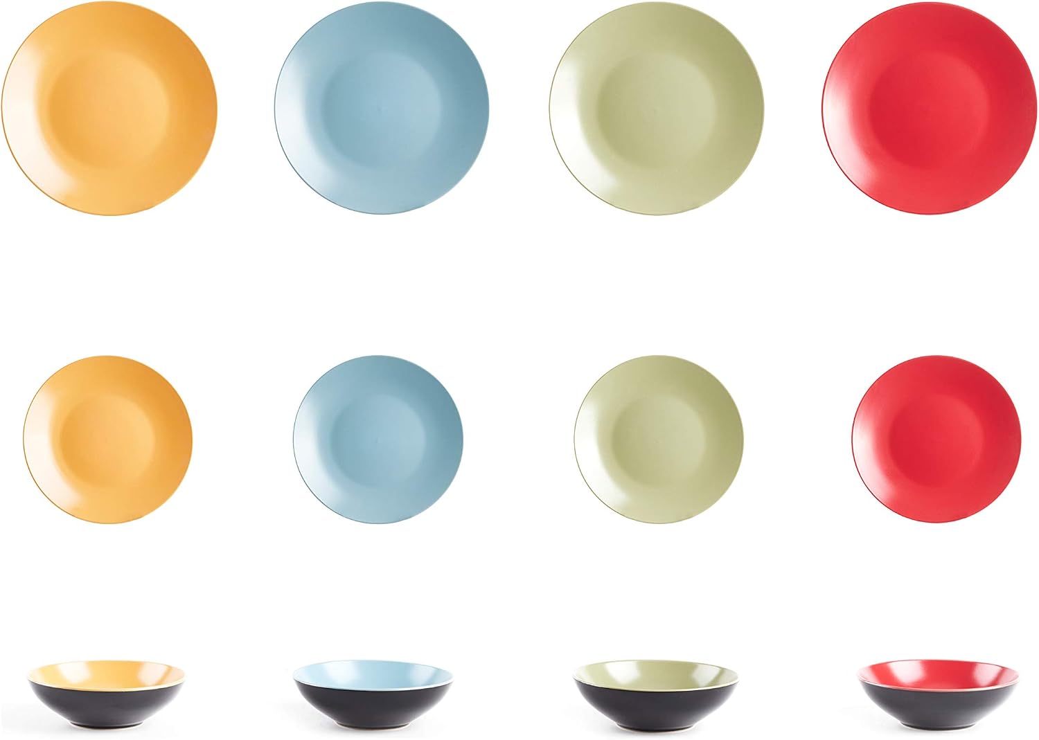 Stoneware Two-Tone Colors Life 16pc Dinner Set，Outside Shiny Black + Inside Matte Glaze Olive