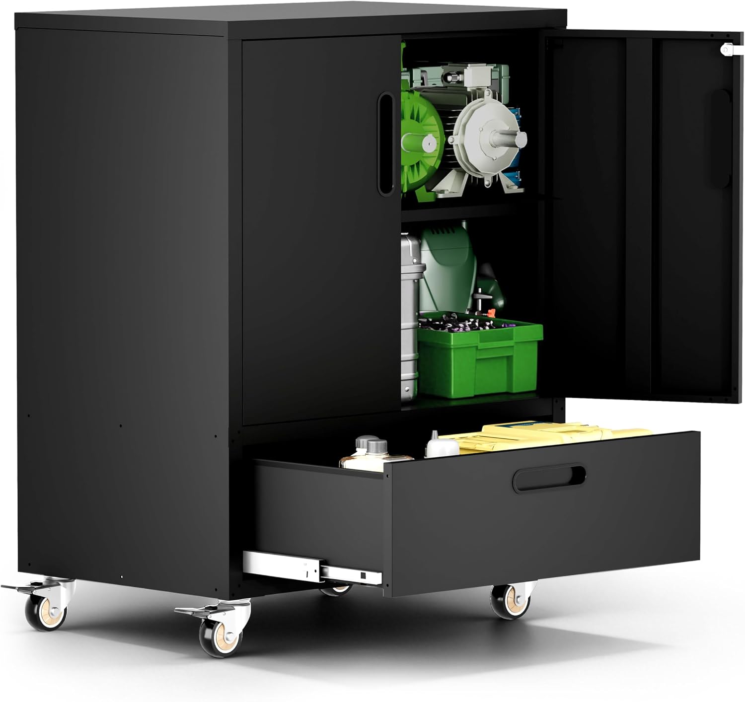 Garage Cabinets,Metal Garage Storage Cabinet with Wheels,Black Lockable Rolling Tool Cabinet with Drawer and Adjustable Shelves,Heavy Duty Tool Chest for Home Office Utility Room