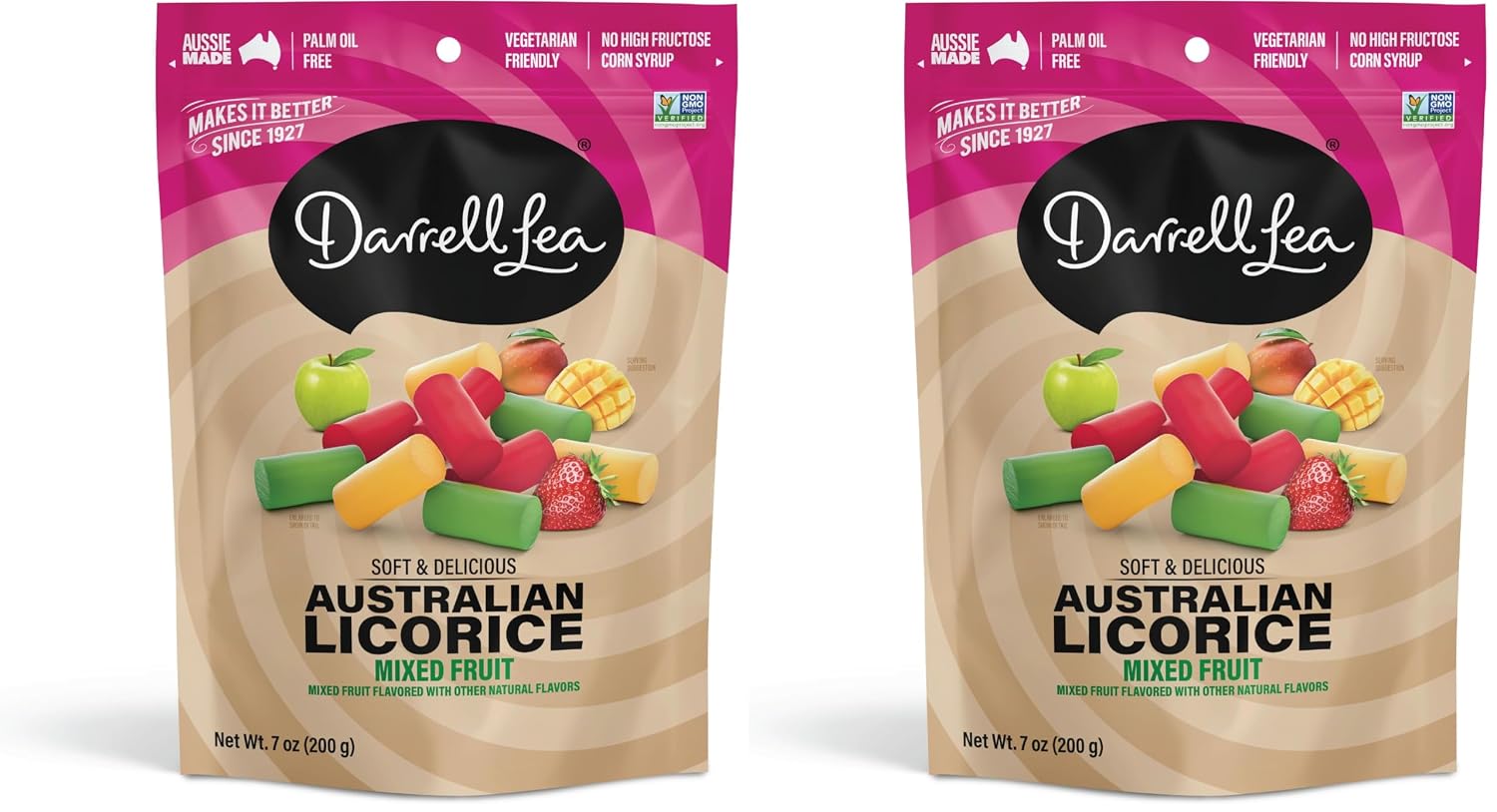 Darrell Lea Soft Australian Licorice, Non-GMO, No Palm Oil, Vegetarian Friendly, No High Fructose Corn Syrup, Soft & Chewy Licorice Candy, Made in Australia (Strawberry, 7 Ounce (Pack of 1))