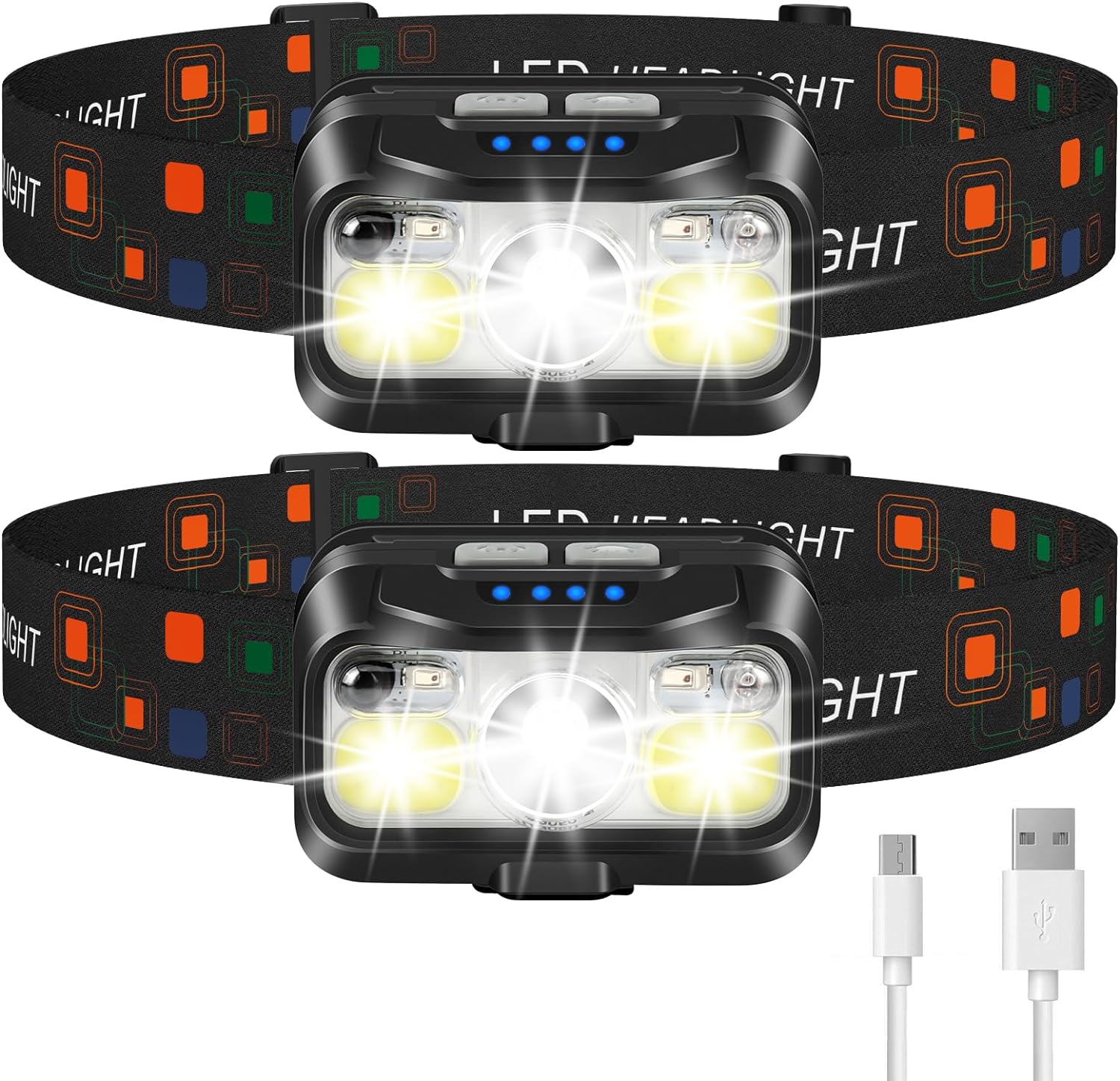 LHKNL Headlamp Rechargeable, Lumen Super Bright Motion Sensor Head Lamp Flashlight, 2-Pack Waterproof LED Headlight with White Red Light