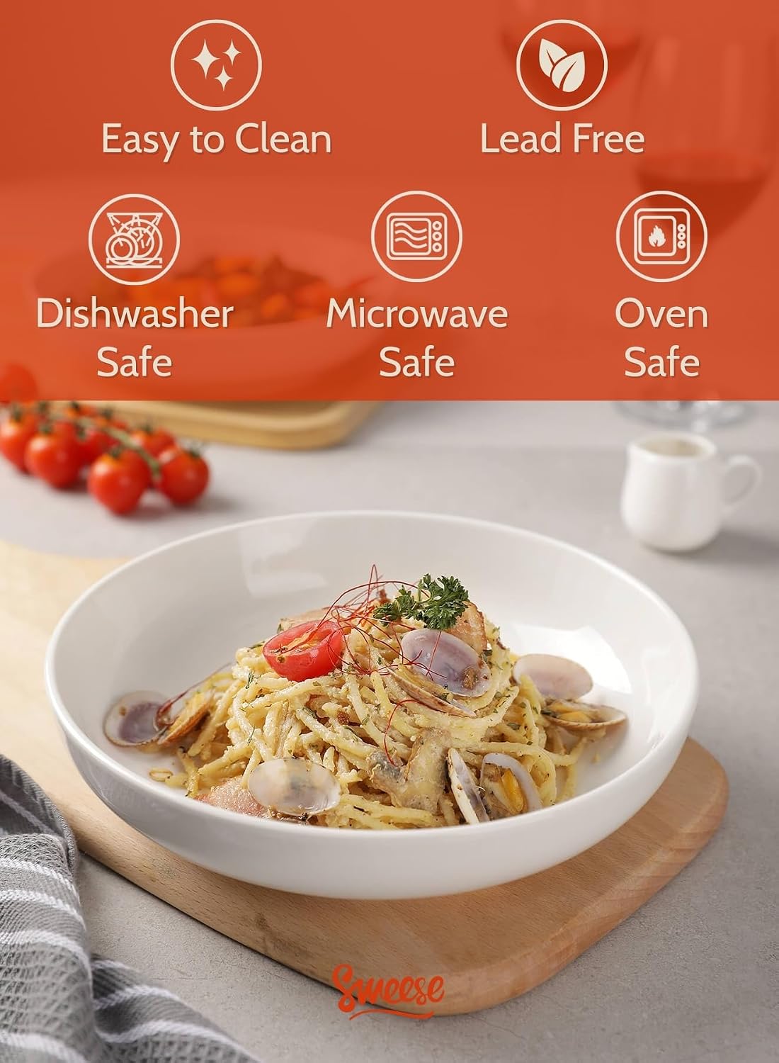 Sweese 22oz Porcelain Pasta Bowls Set of 6-7.6 Inch White Salad Serving Plates, Microwave Dishwasher Safe Dinnerware